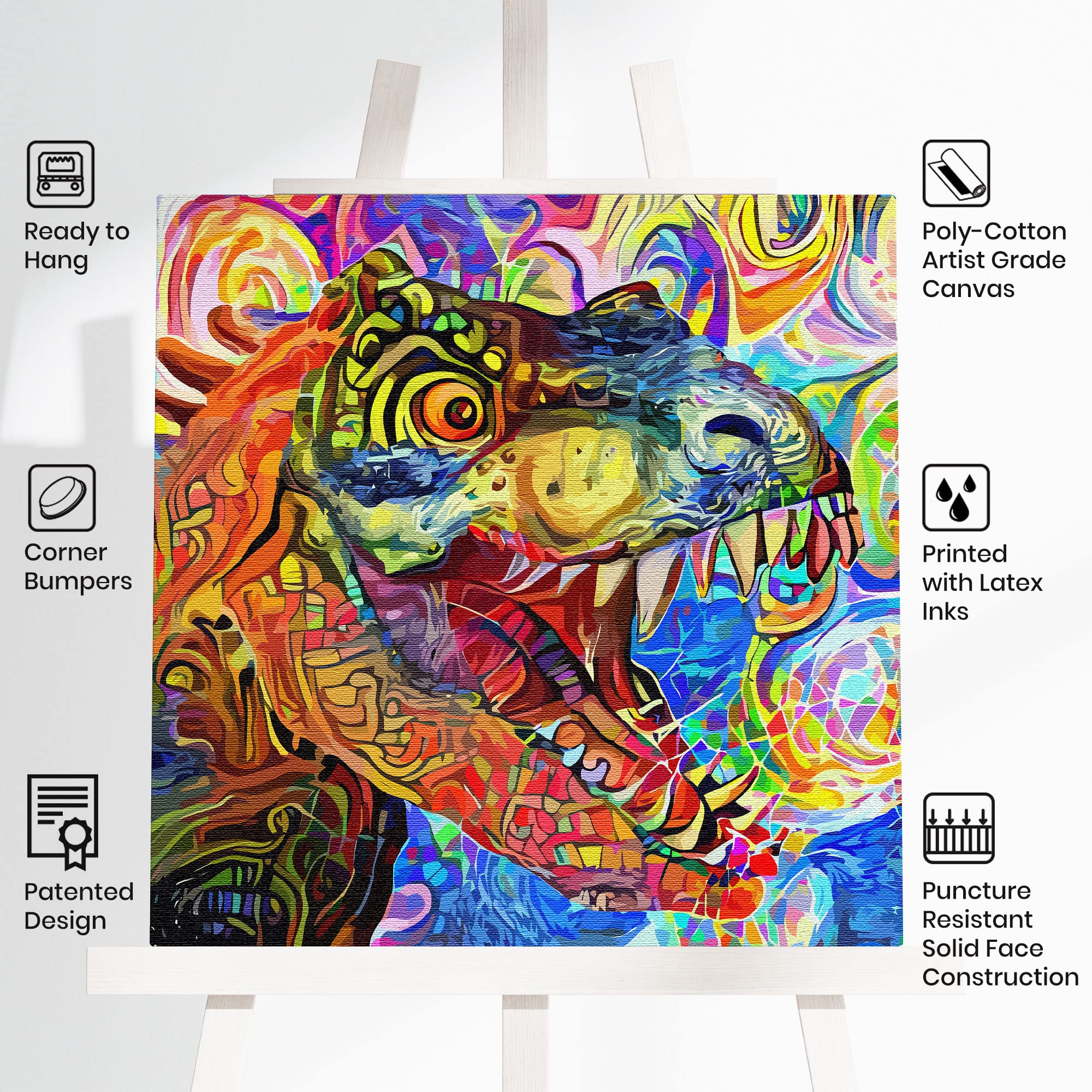 Vibrant colorful geometric mosaic T-Rex dinosaur wall art canvas with abstract patterns on square frame displayed on easel