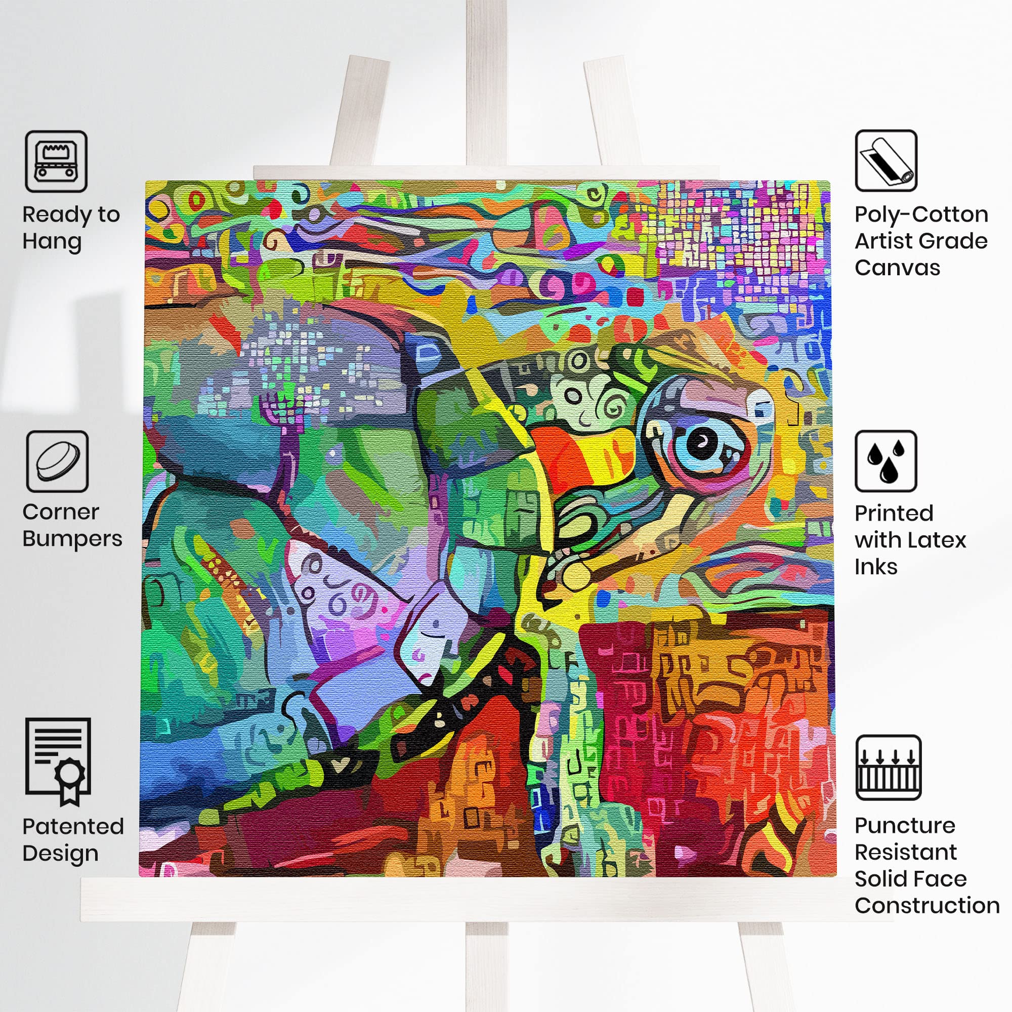 Colorful abstract sea turtle with intricate geometric patterns on vibrant multicolor background printed on artist canvas displayed on easel