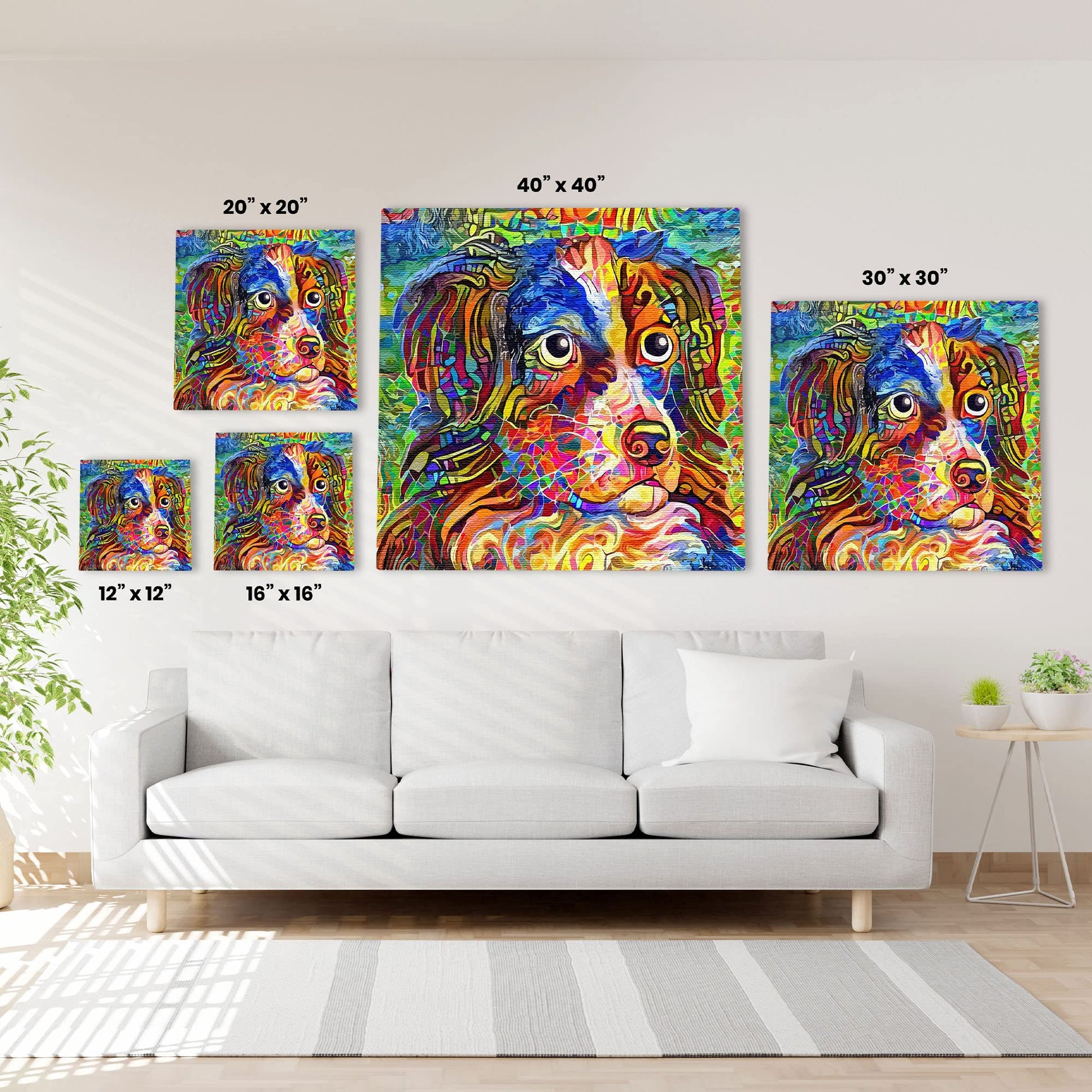 Colorful abstract Border Collie dog art with vibrant multicolor brush strokes displayed in multiple canvas sizes above white sofa