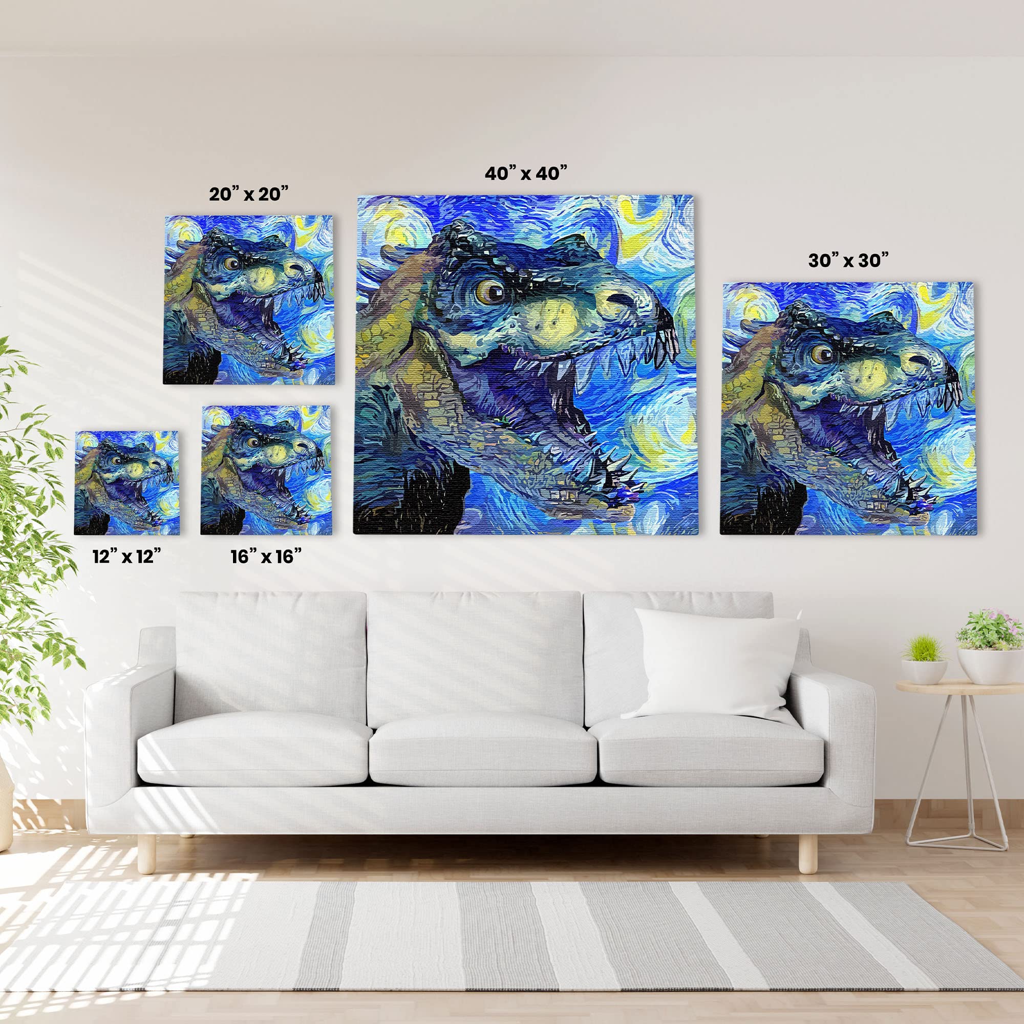 Blue Tyrannosaurus Rex dinosaur art with vibrant swirling brushstrokes on square canvas above white sofa in modern living room
