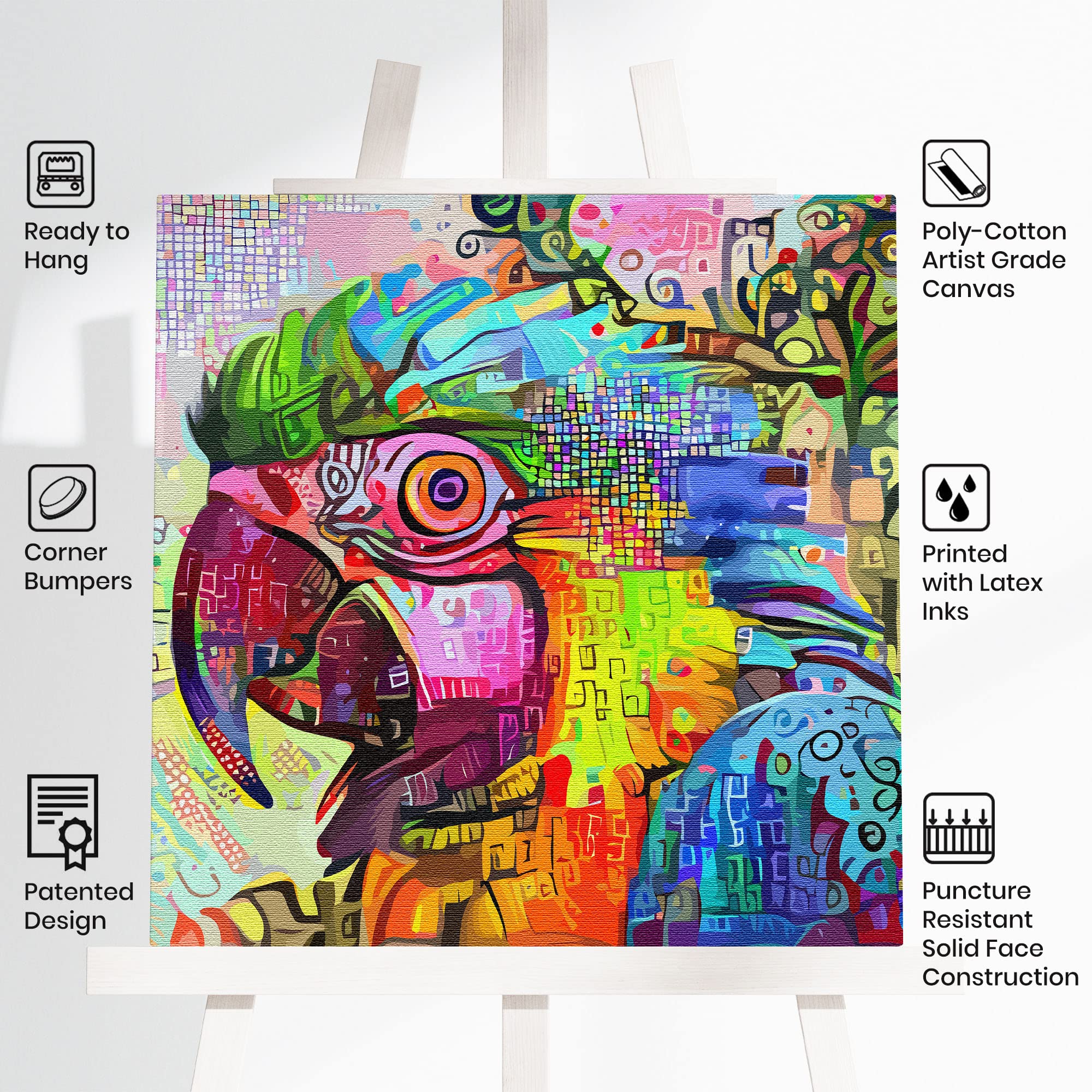Vibrant abstract macaw with colorful geometric and textured patterns on square canvas wall art on white easel
