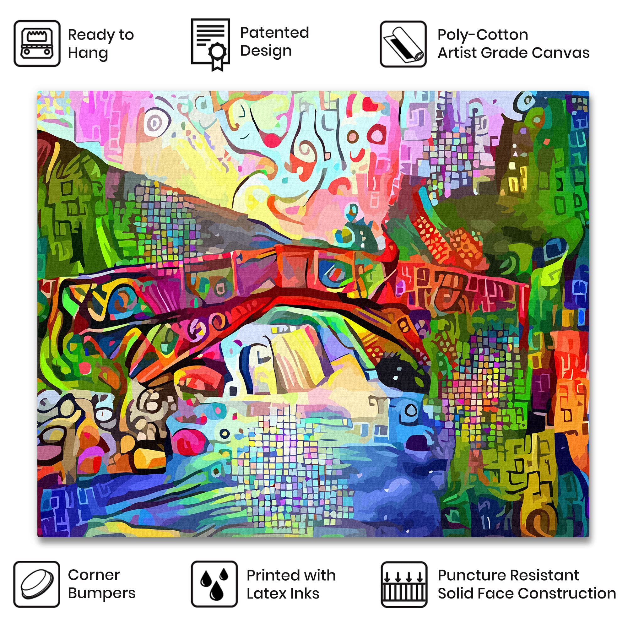 Colorful abstract bridge landscape artwork with vibrant reds, blues, greens, and yellows in mosaic and swirling patterns