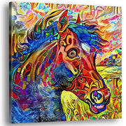Colorful abstract horse art painting on textured canvas in vibrant modern minimalist wall decor setting