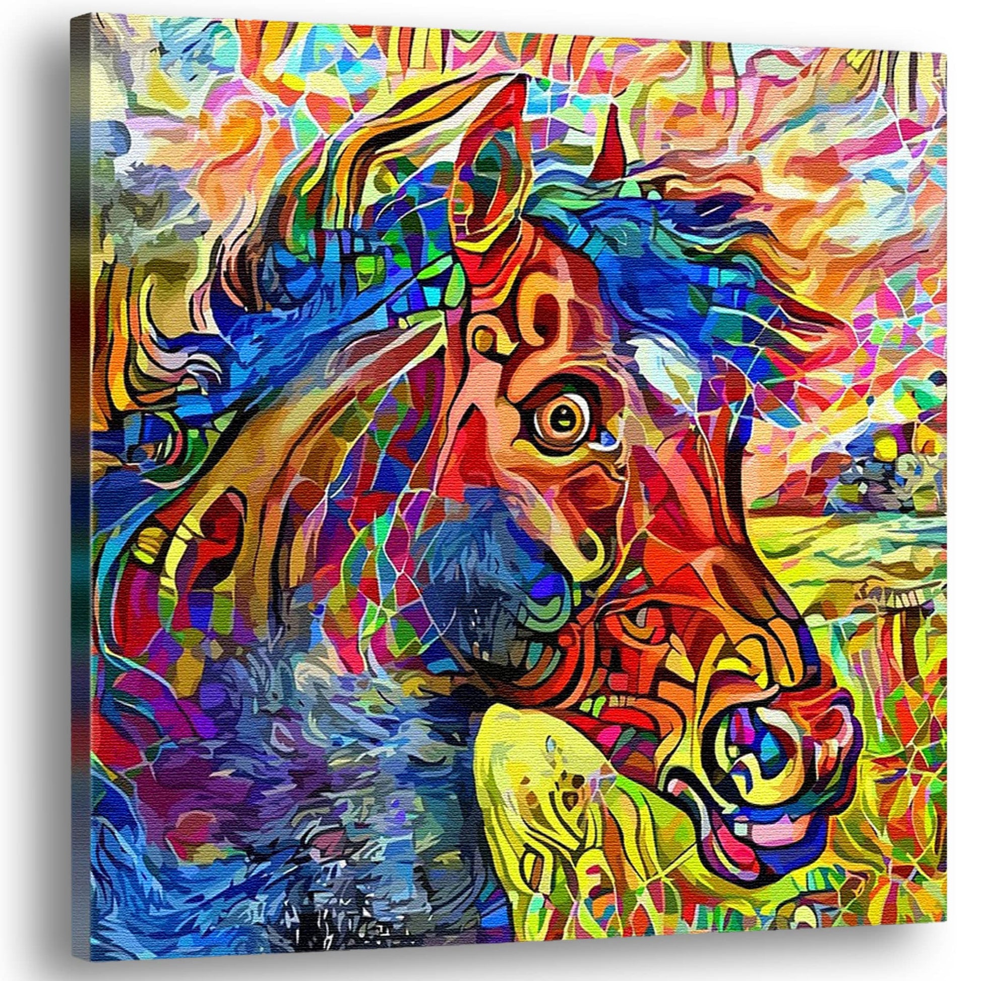 Colorful abstract horse art painting on textured canvas in vibrant modern minimalist wall decor setting