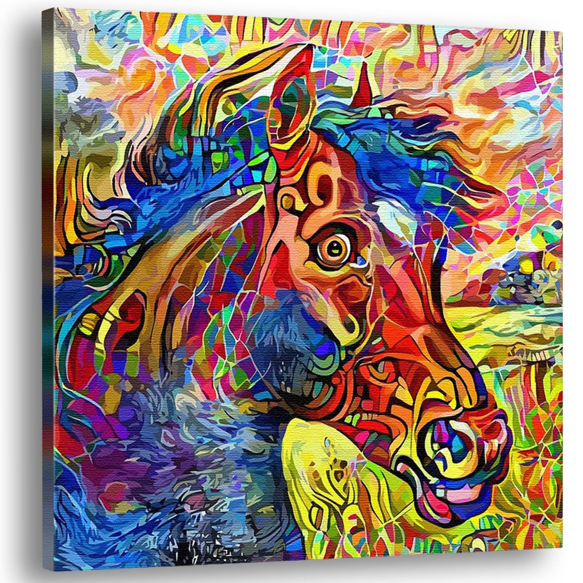 Colorful abstract horse art painting on textured canvas in vibrant modern minimalist wall decor setting