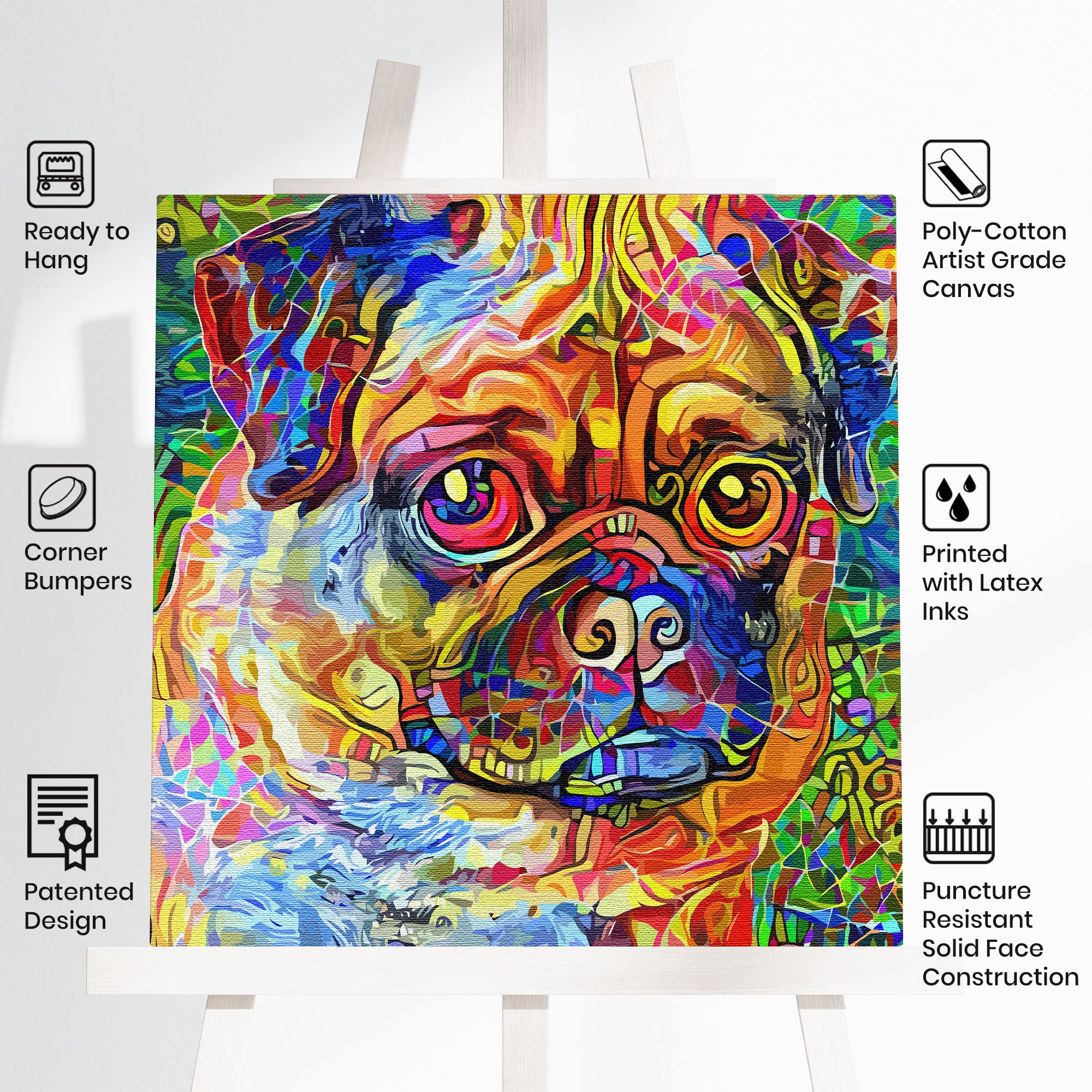 Colorful abstract pug dog art with vibrant multicolor geometric and mosaic patterns on square canvas in vivid detail