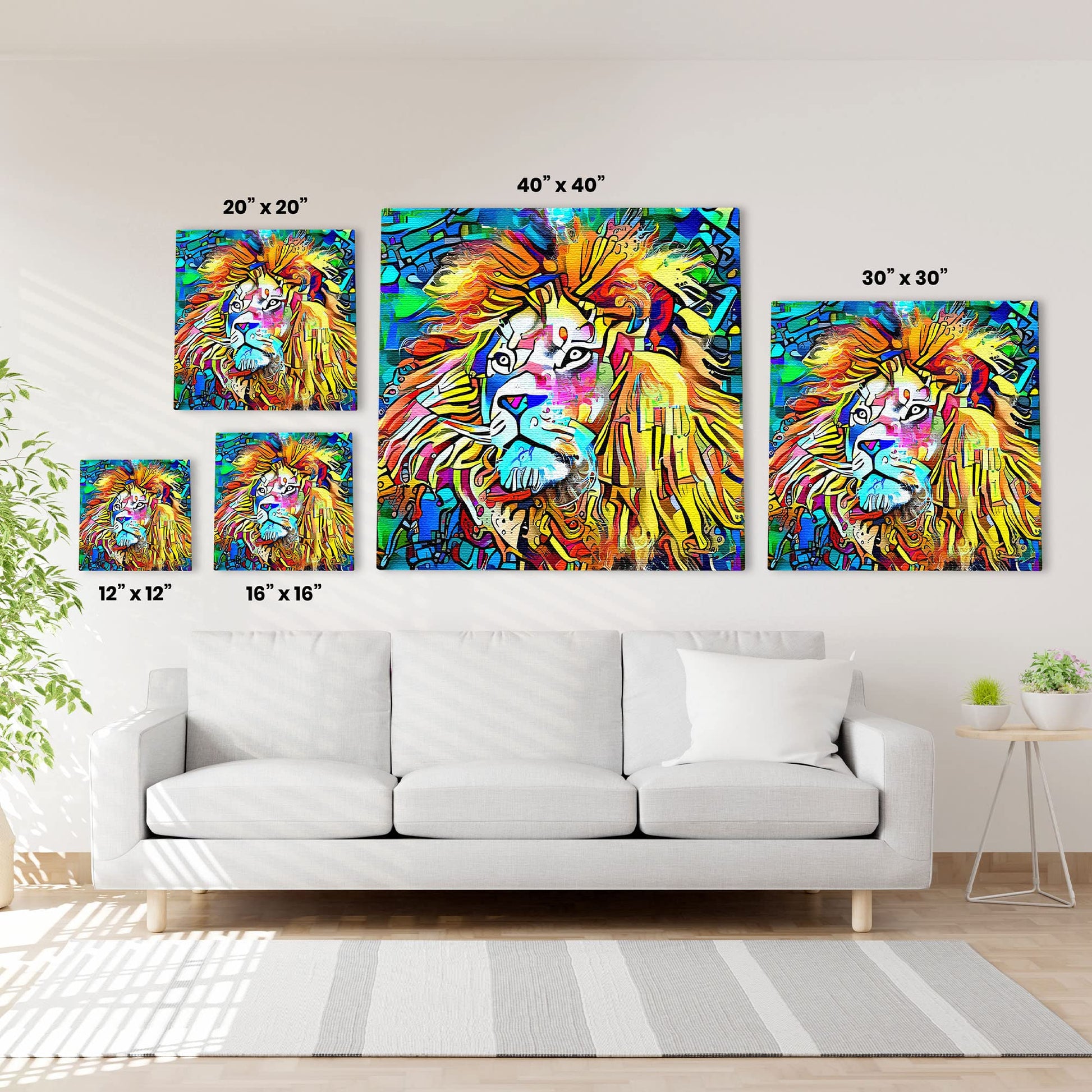 Vibrant colorful majestic king of the jungle lion artwork on multiple square canvases displayed on white wall above modern sofa