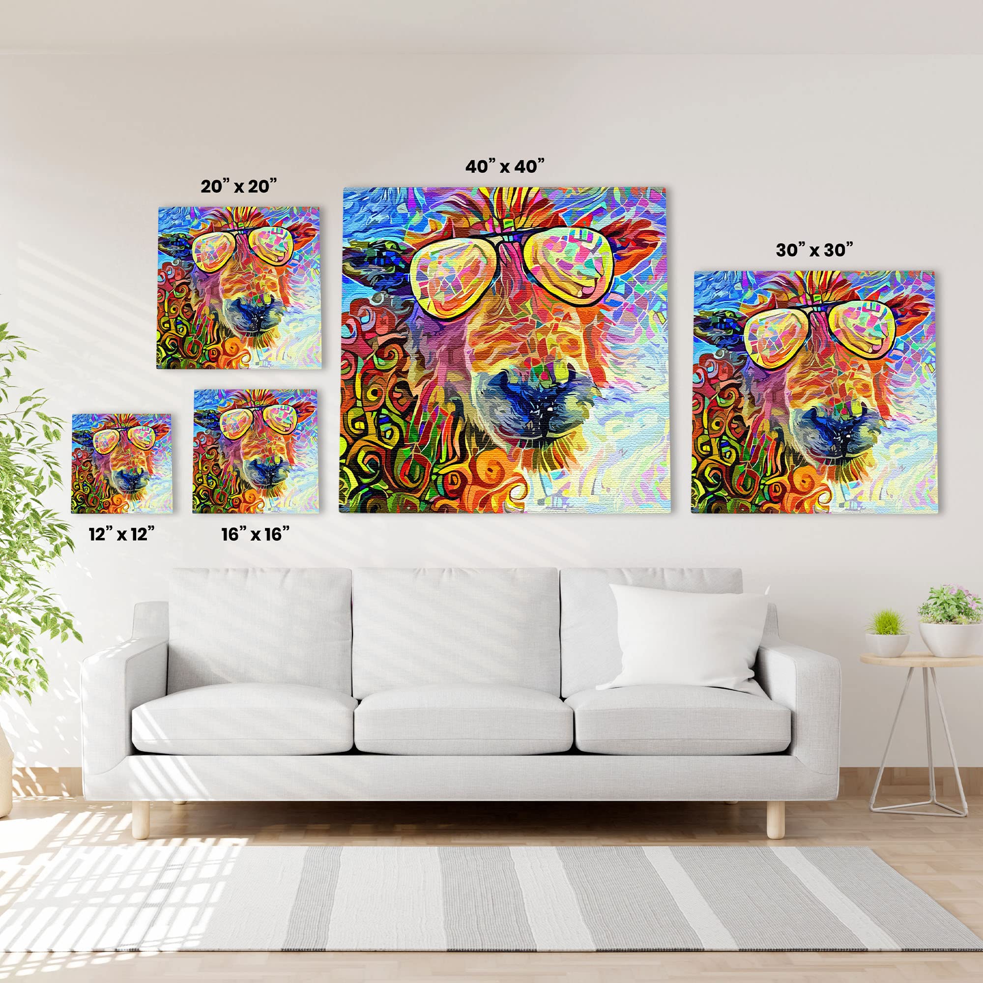 Funny abstract colorful sheep head wearing reflective sunglasses with vibrant geometric patterns on multicolor canvas wall art