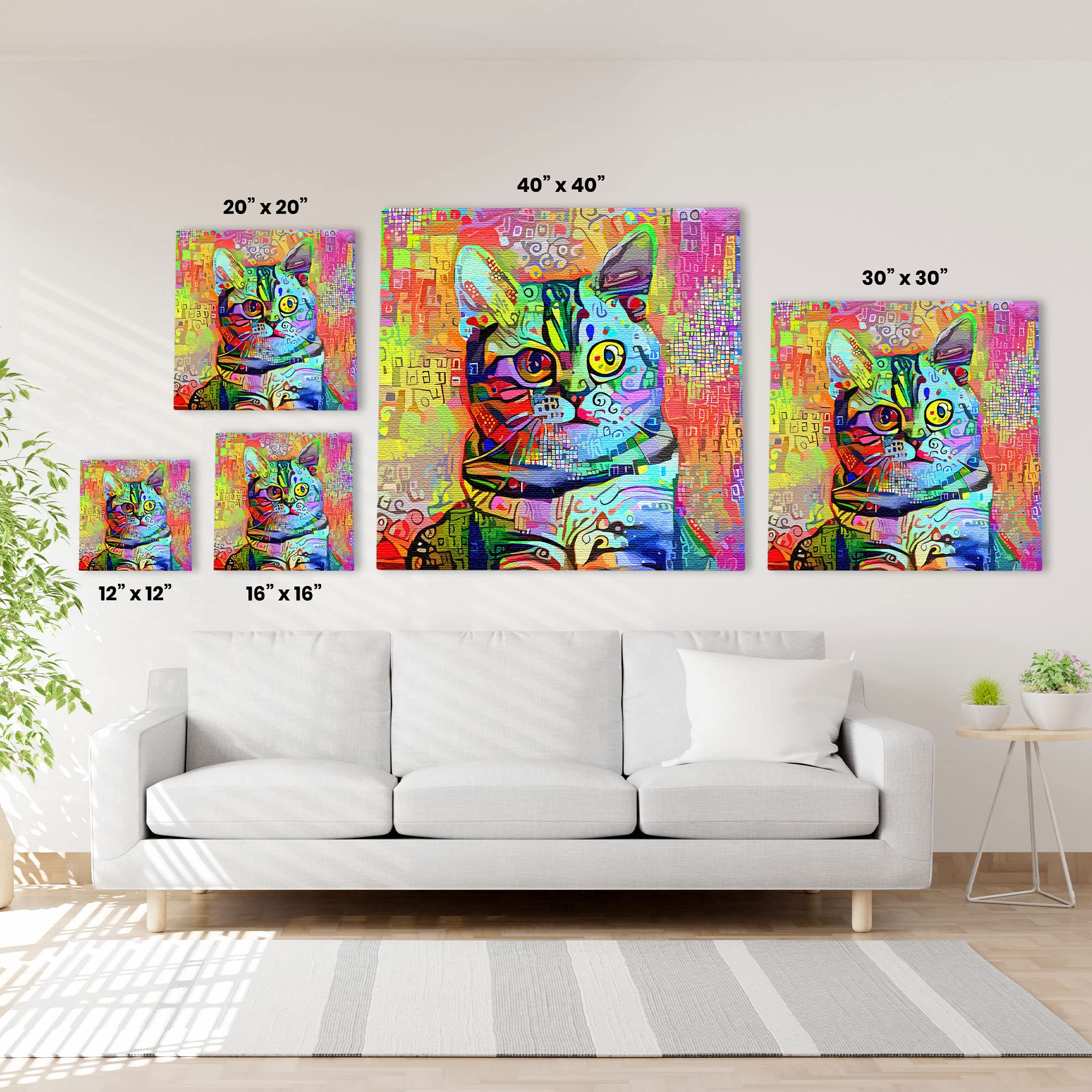 Bright mosaic cat wall art with vibrant colorful geometric patterns and expressive eyes on multiple square canvases above white sofa