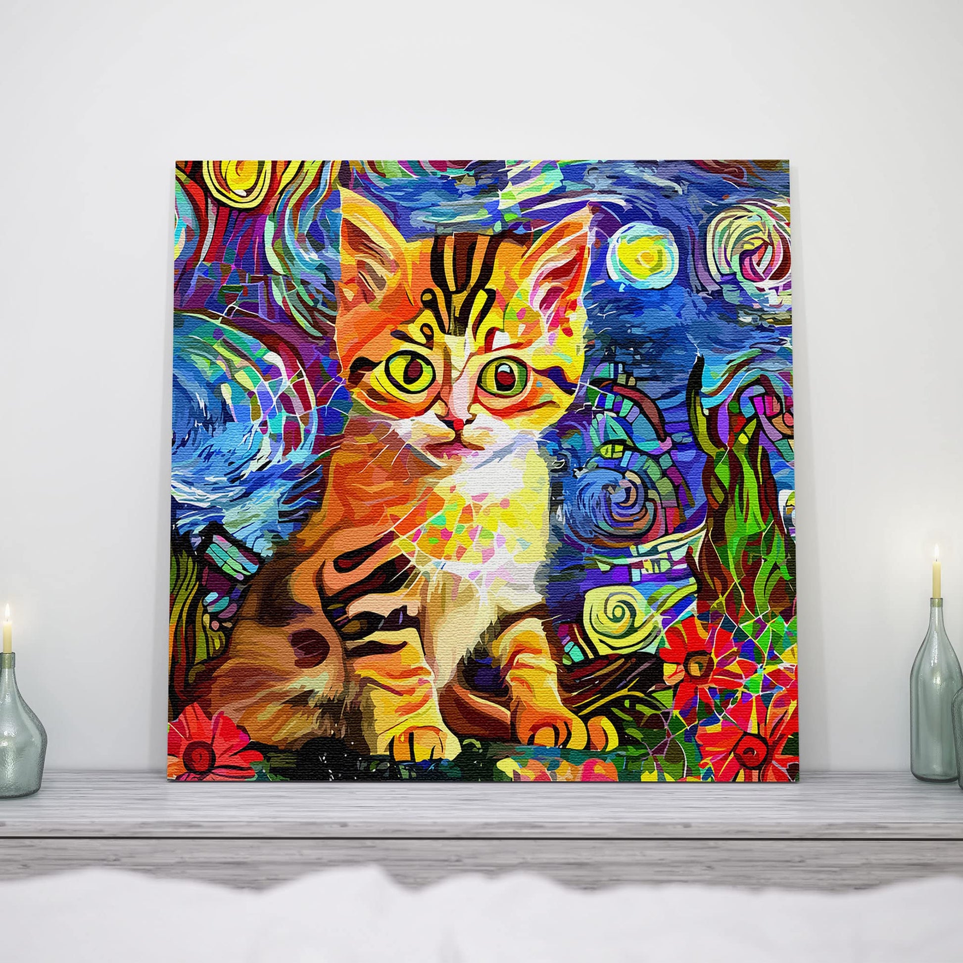 Colorful abstract kitten wall art featuring a bright orange striped cat with swirling blue, green, and red patterns background