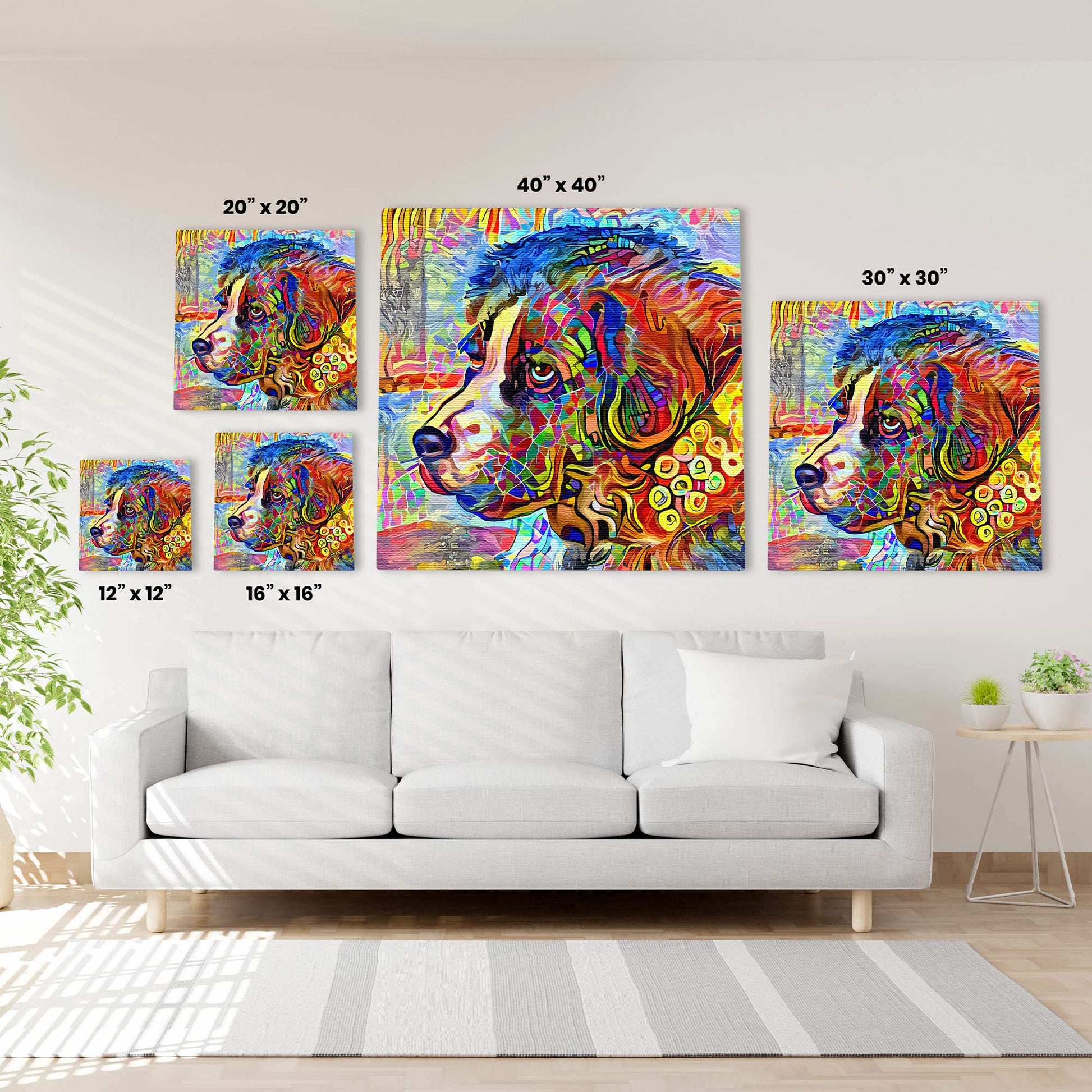 Colorful abstract Newfoundland dog art with vibrant multicolor geometric patterns on multiple canvases above white sofa