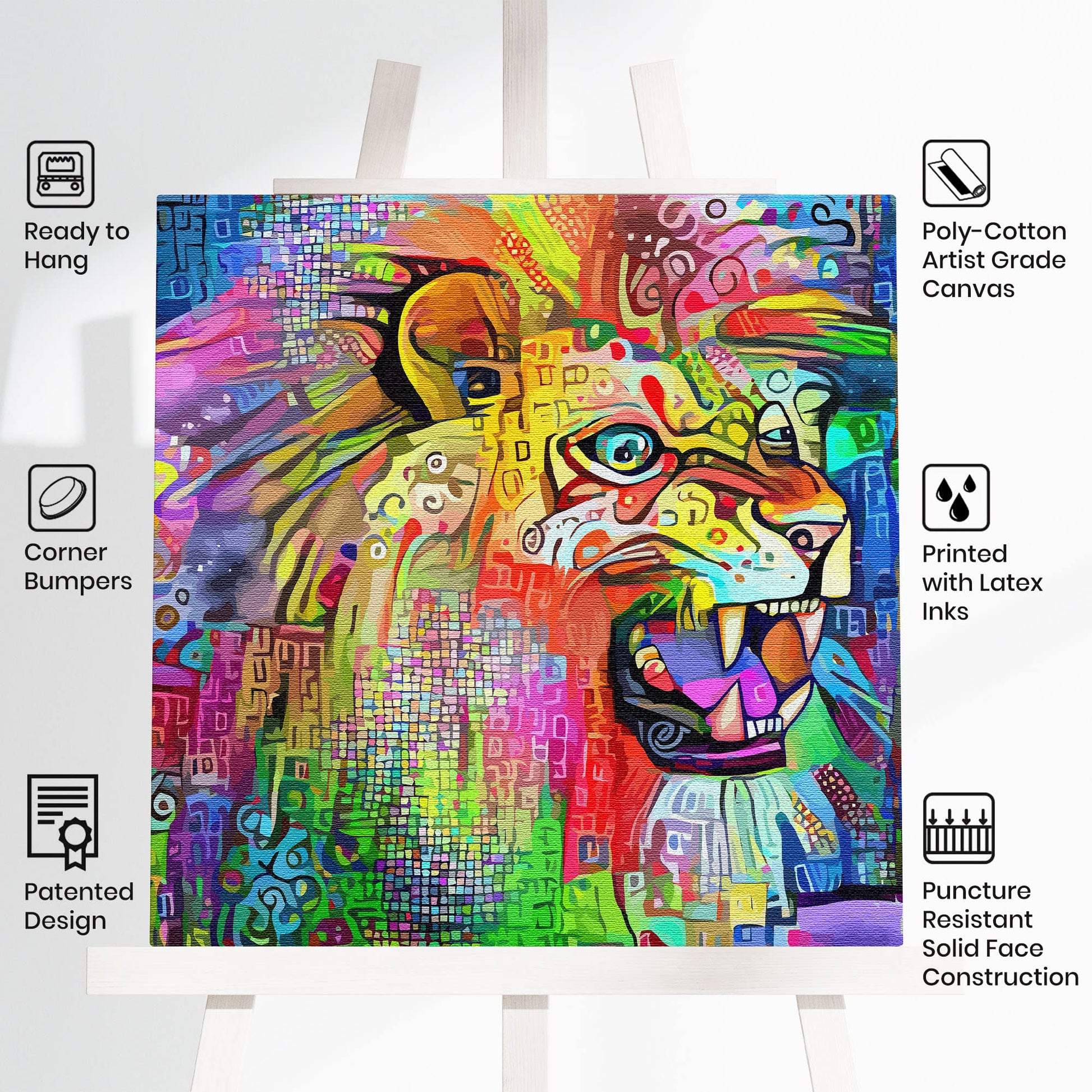 Vibrant multicolored abstract lion artwork on square canvas displayed on white easel with product feature icons