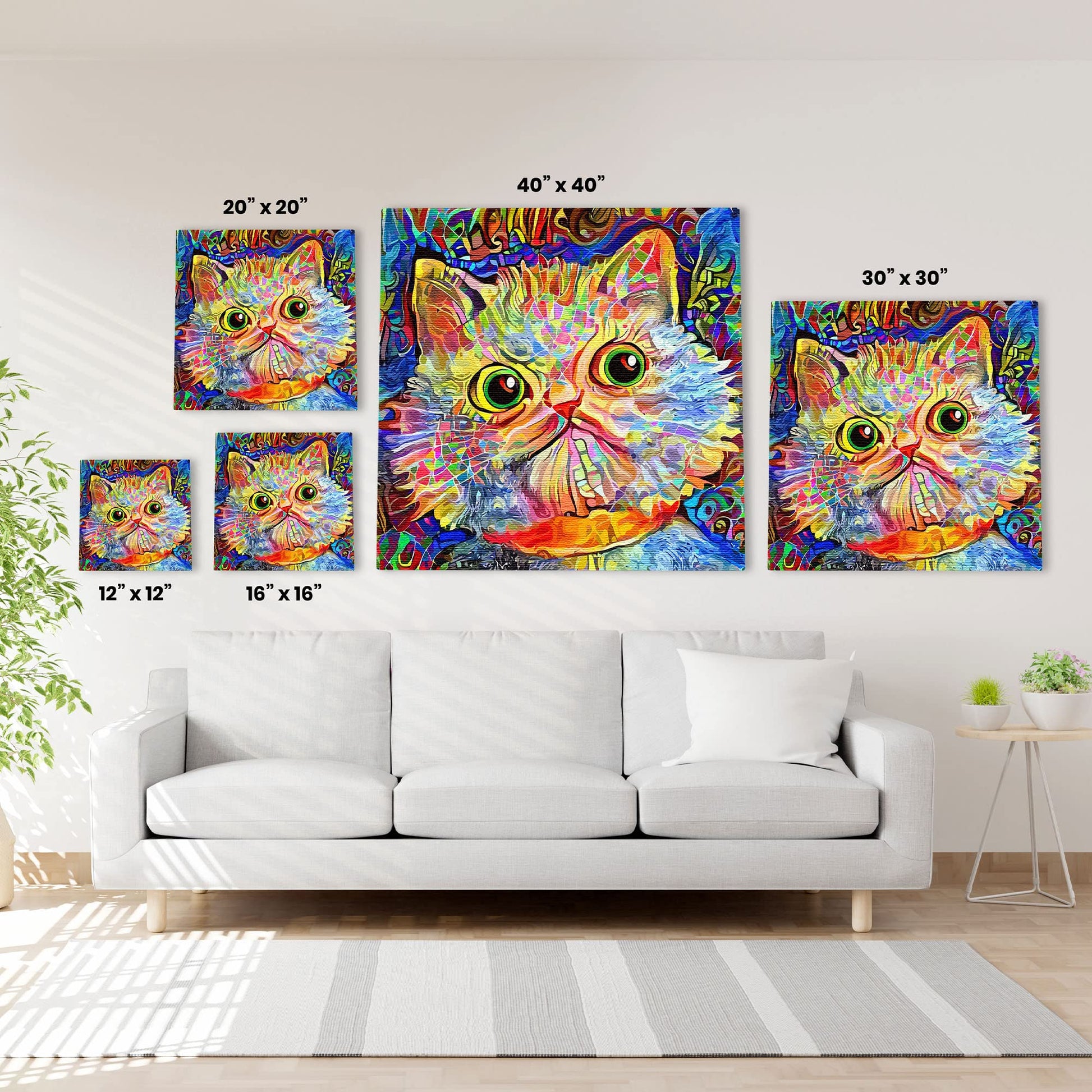 Colorful funny cat wall art with vibrant abstract patterns on square canvas displayed above white sofa in modern living room