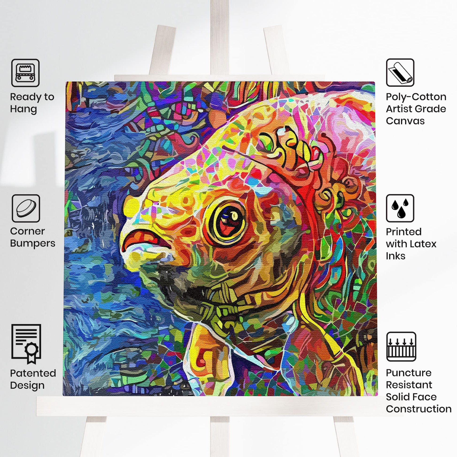 Colorful abstract koi fish art with vibrant patterns on canvas displayed on easel with product feature icons