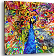 Vibrant abstract peacock with bold geometric and swirling colorful patterns on square canvas wall art painting