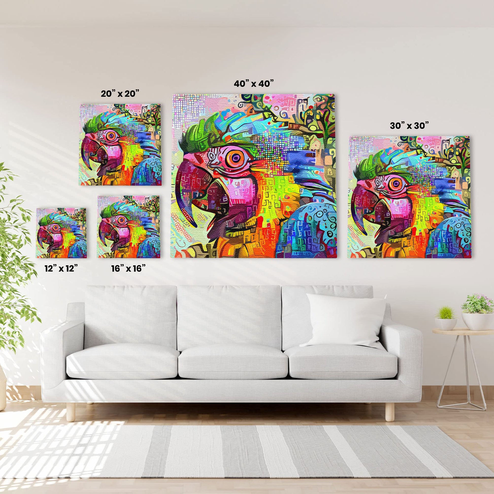 Vibrant abstract macaw painting with colorful geometric and textured patterns on square canvas wall art above white sofa