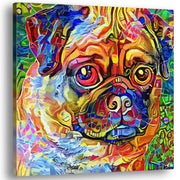 Colorful abstract pug dog wall art with vibrant multicolor geometric and mosaic patterns on square canvas in vivid bright detail