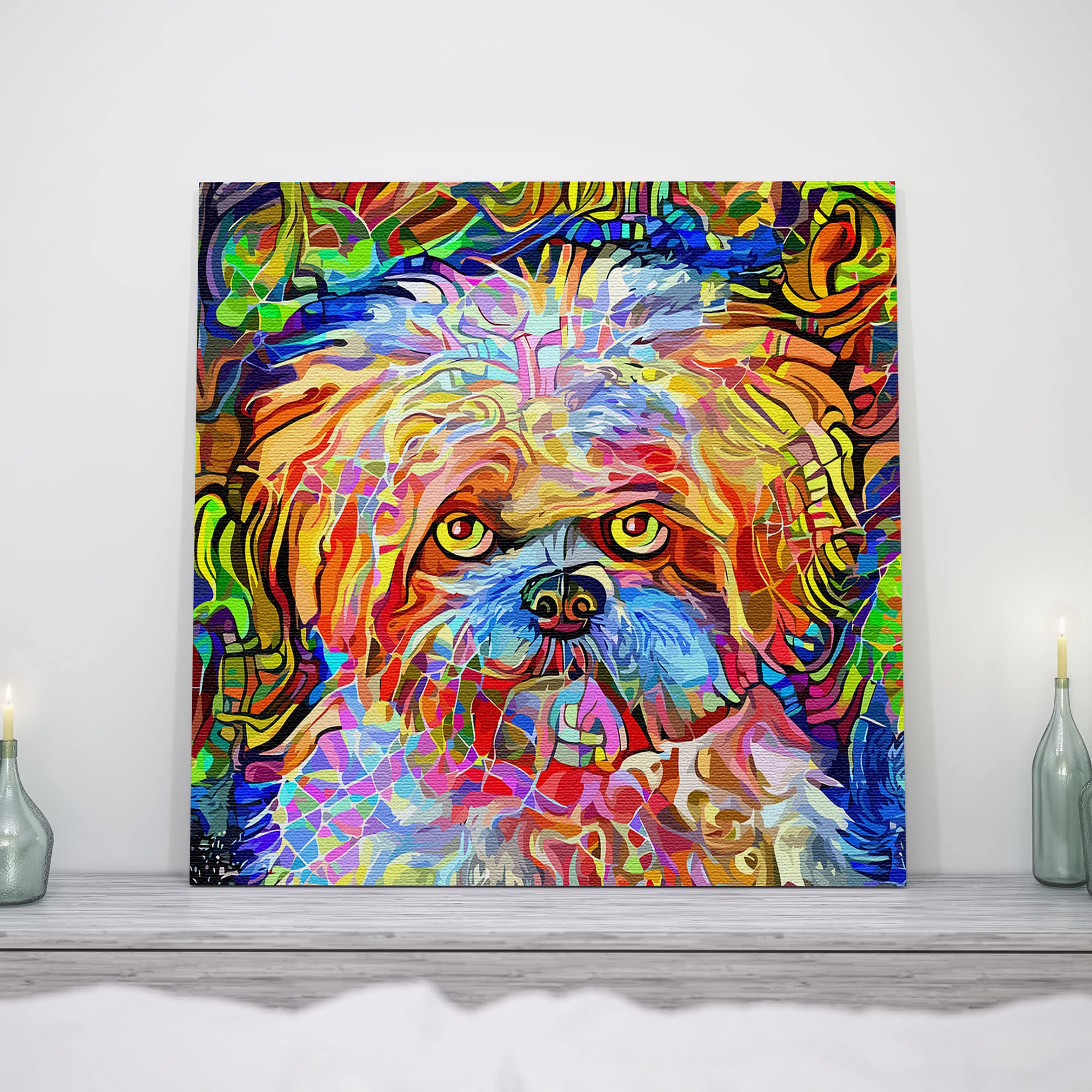 Colorful abstract Shih Tzu dog art with vibrant multicolor geometric patterns on square canvas above fireplace mantel