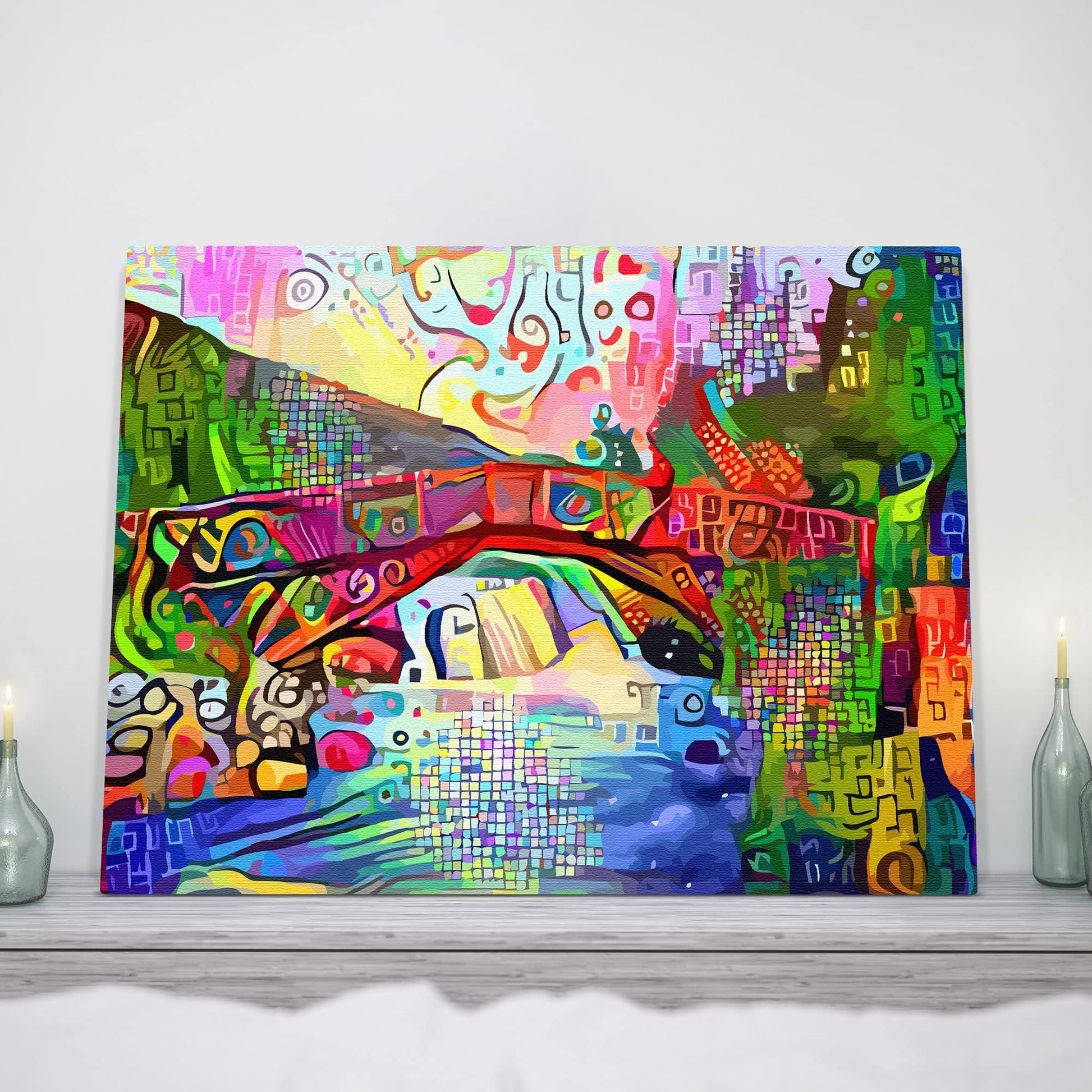 Colorful abstract bridge landscape artwork with vibrant pinks, blues, greens, and yellows in geometric and swirling mosaic patterns