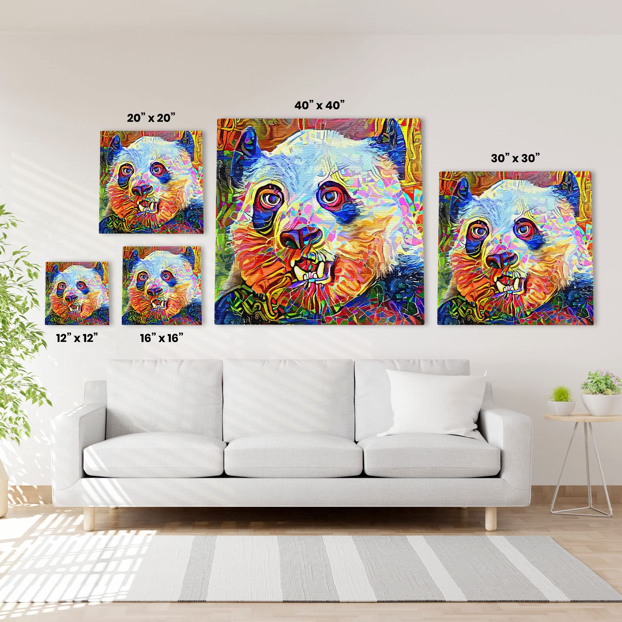 Colorful abstract panda bear with vibrant geometric and swirling patterns on square canvas wall art above white sofa