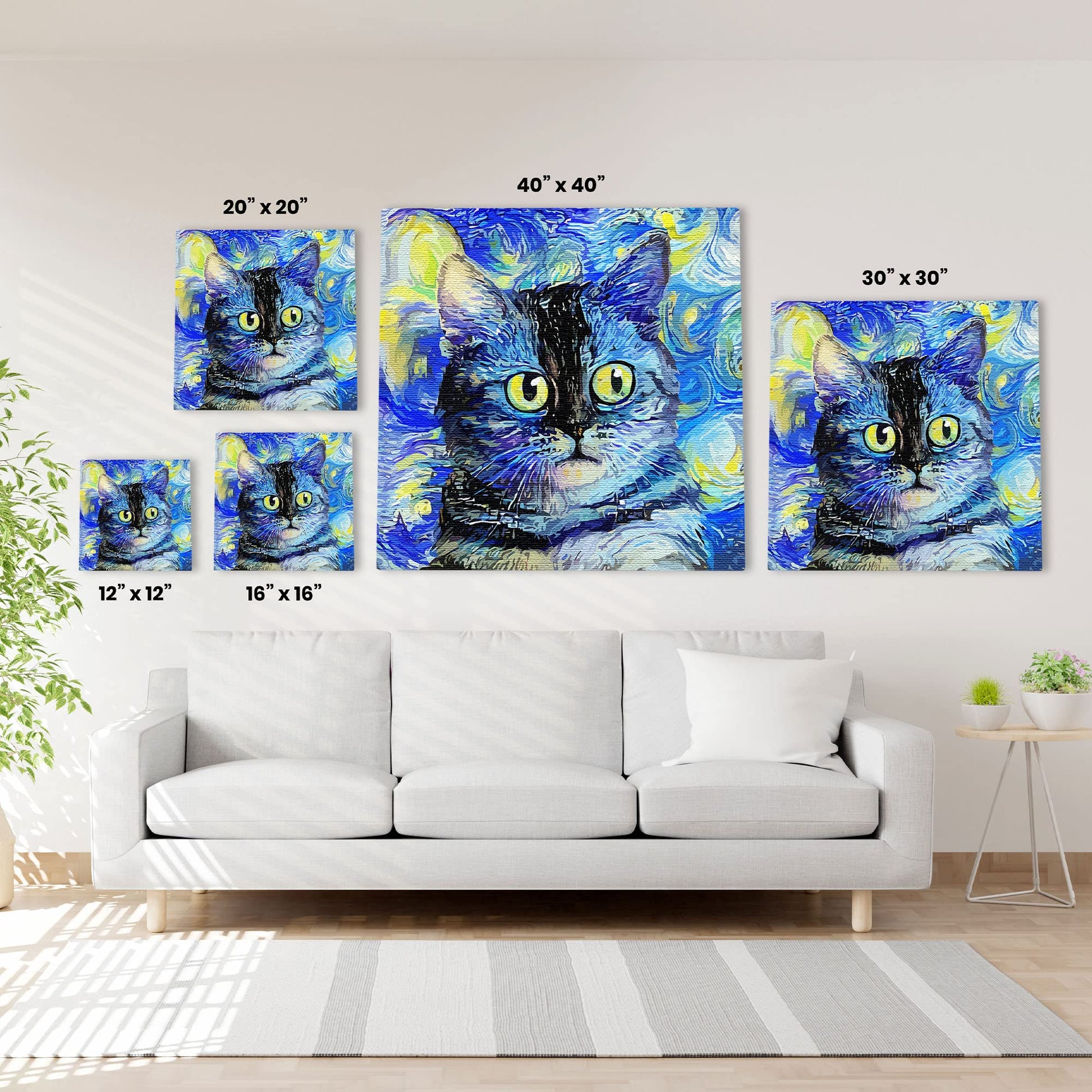 Blue impressionist cat art with swirling brushstrokes and bright yellow eyes displayed above white sofa