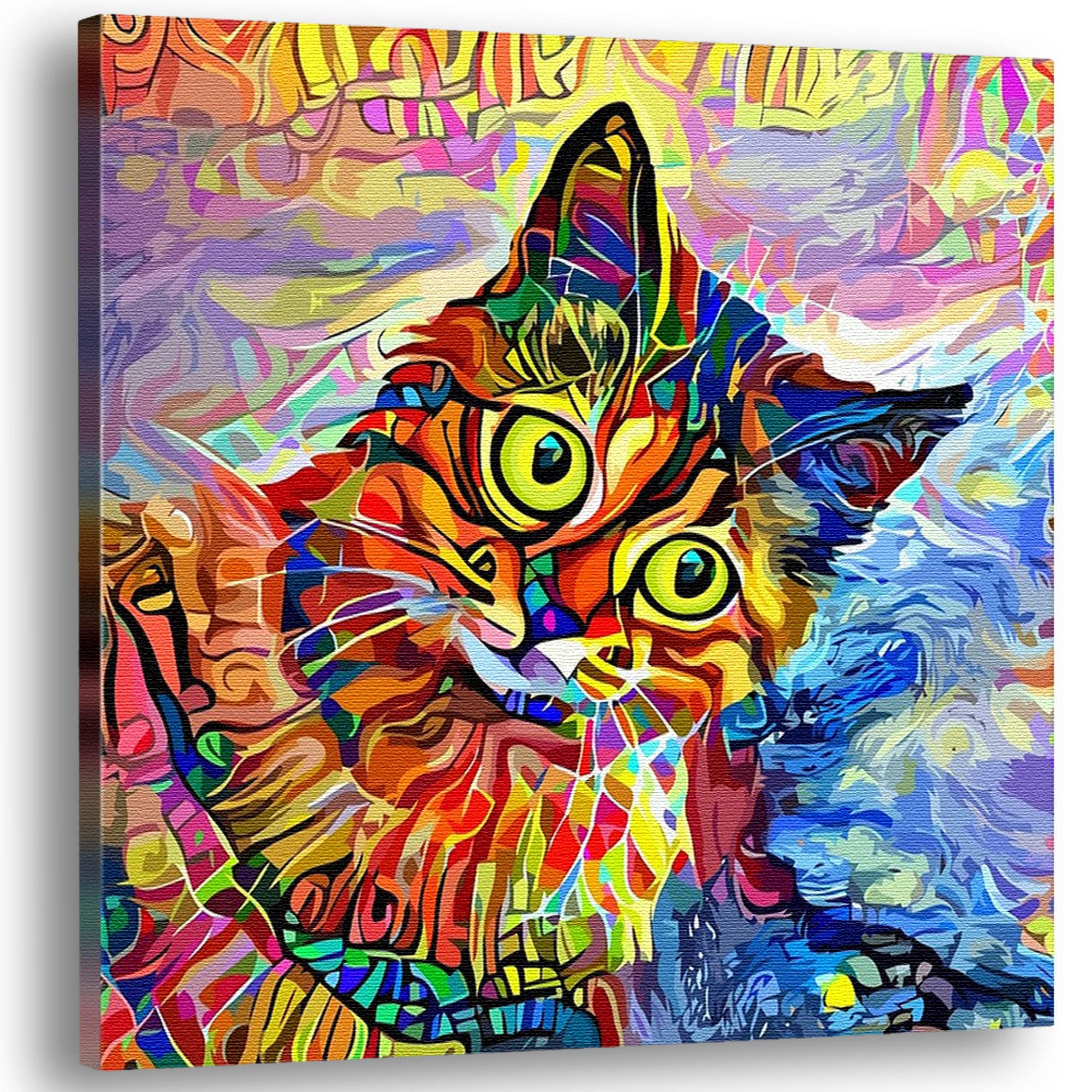 Abstract colorful cat wall art with vibrant reds, blues, yellows, and purples in dynamic fluid painterly style on canvas