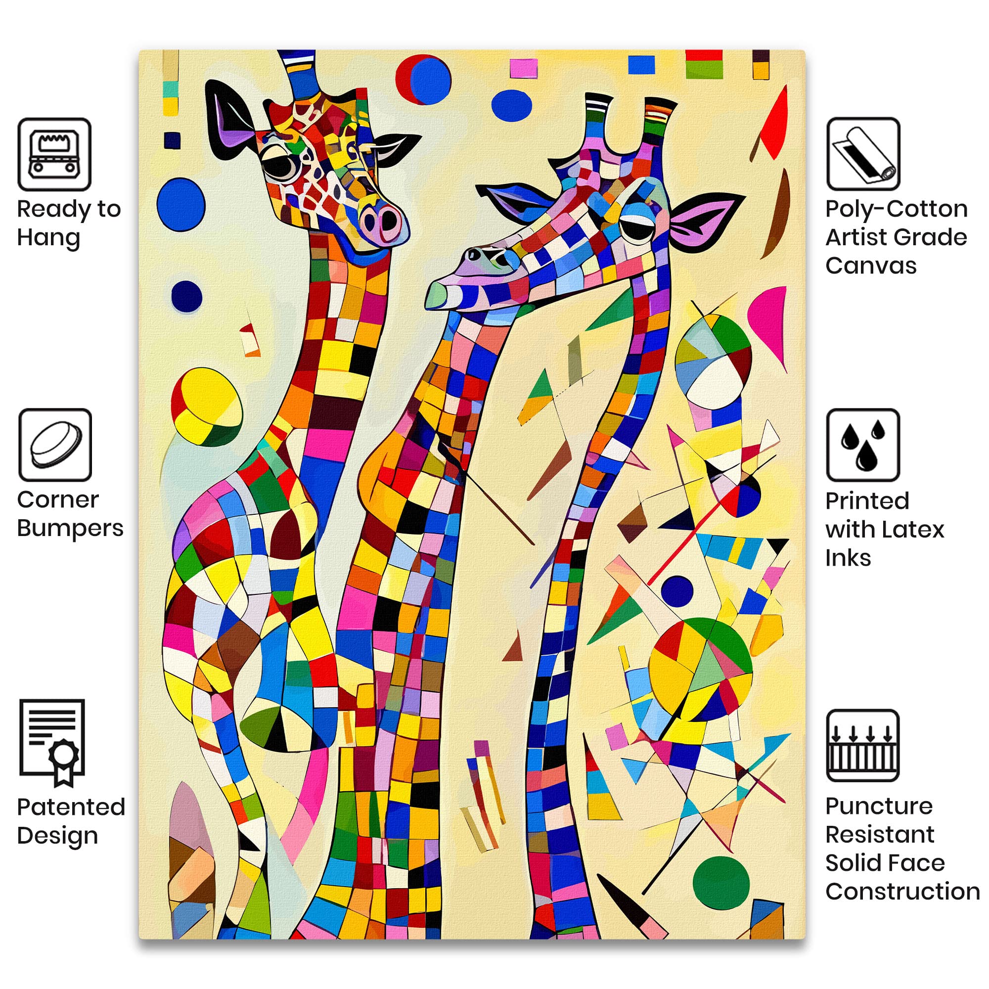 Vibrant colorful geometric giraffe artwork canvas with abstract shapes in modern minimalist kids room wall decor setting
