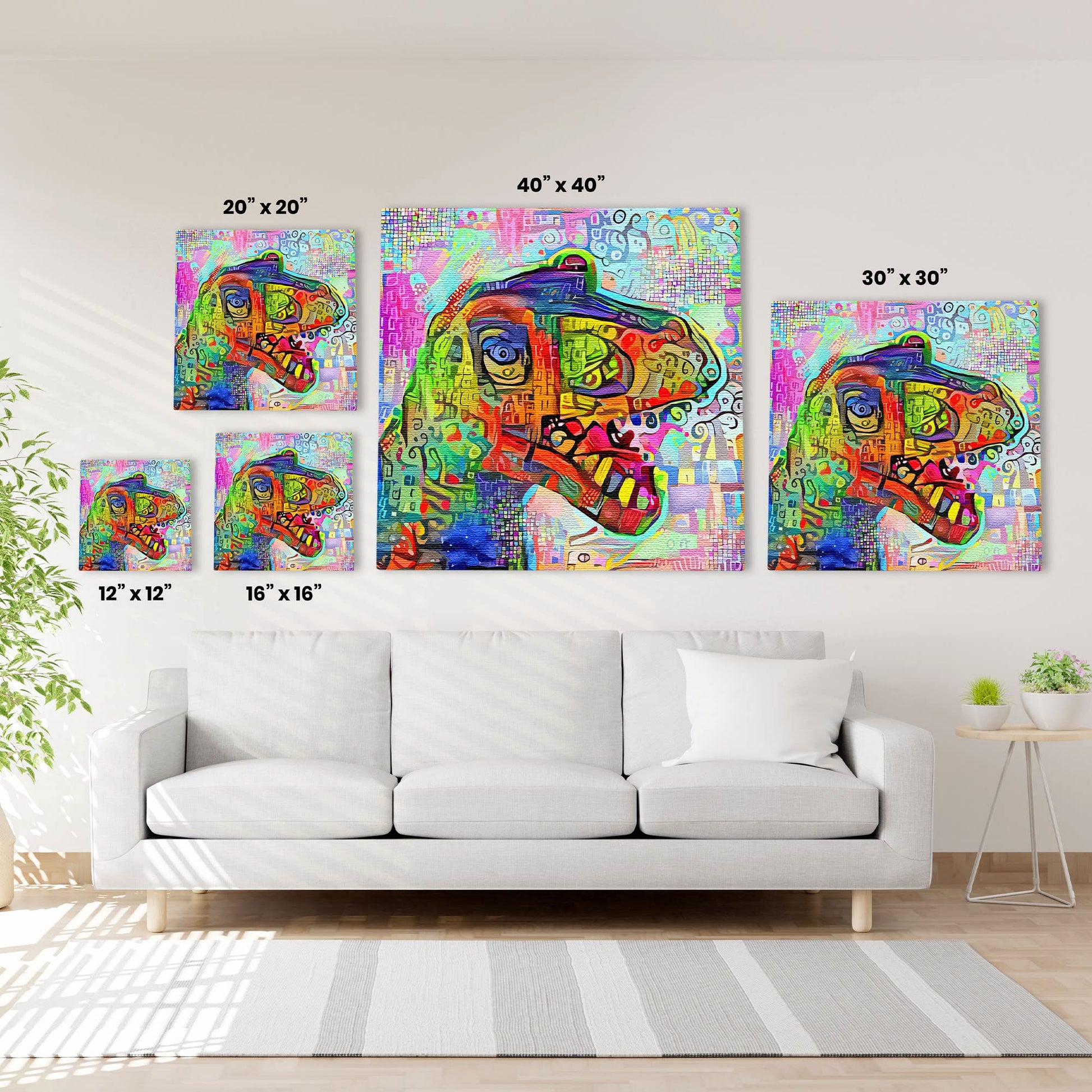 Colorful geometric mosaic T-Rex dinosaur art with bright abstract patterns on square canvases in modern living room above white sofa