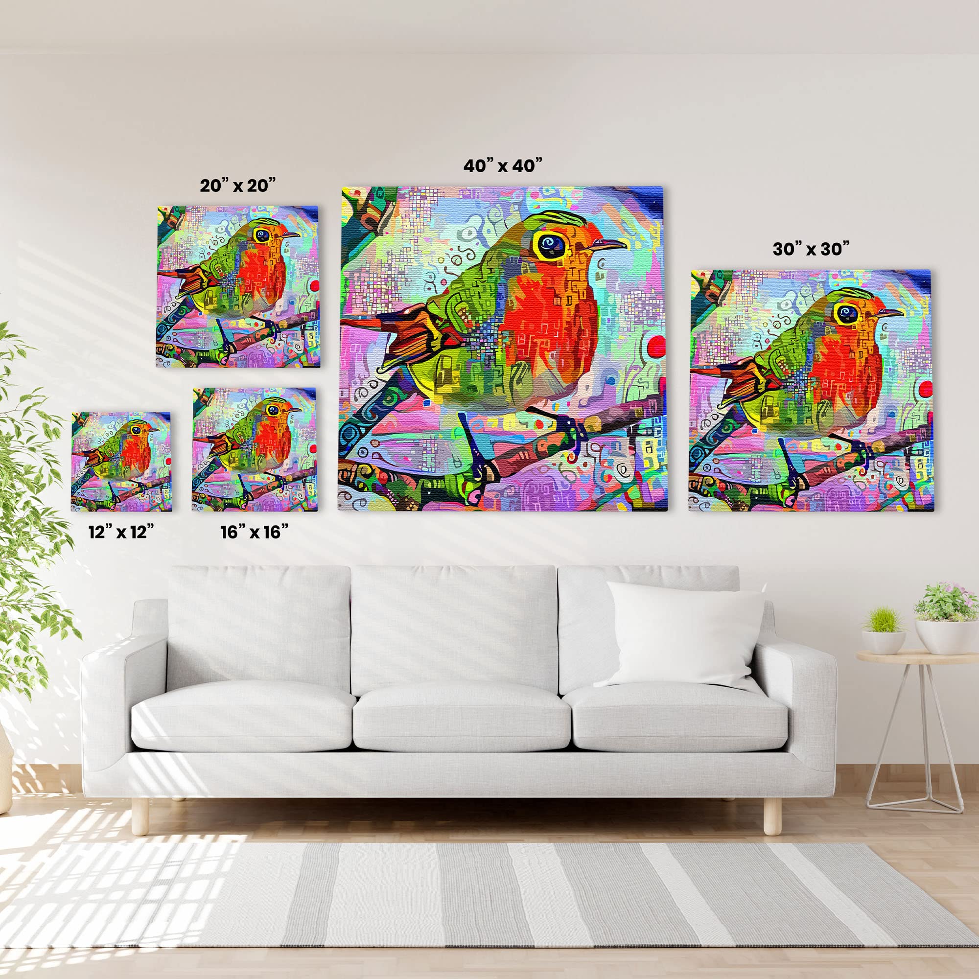 Abstract colorful red robin with vibrant geometric and digital patterns on multi-size square canvas wall art above white sofa