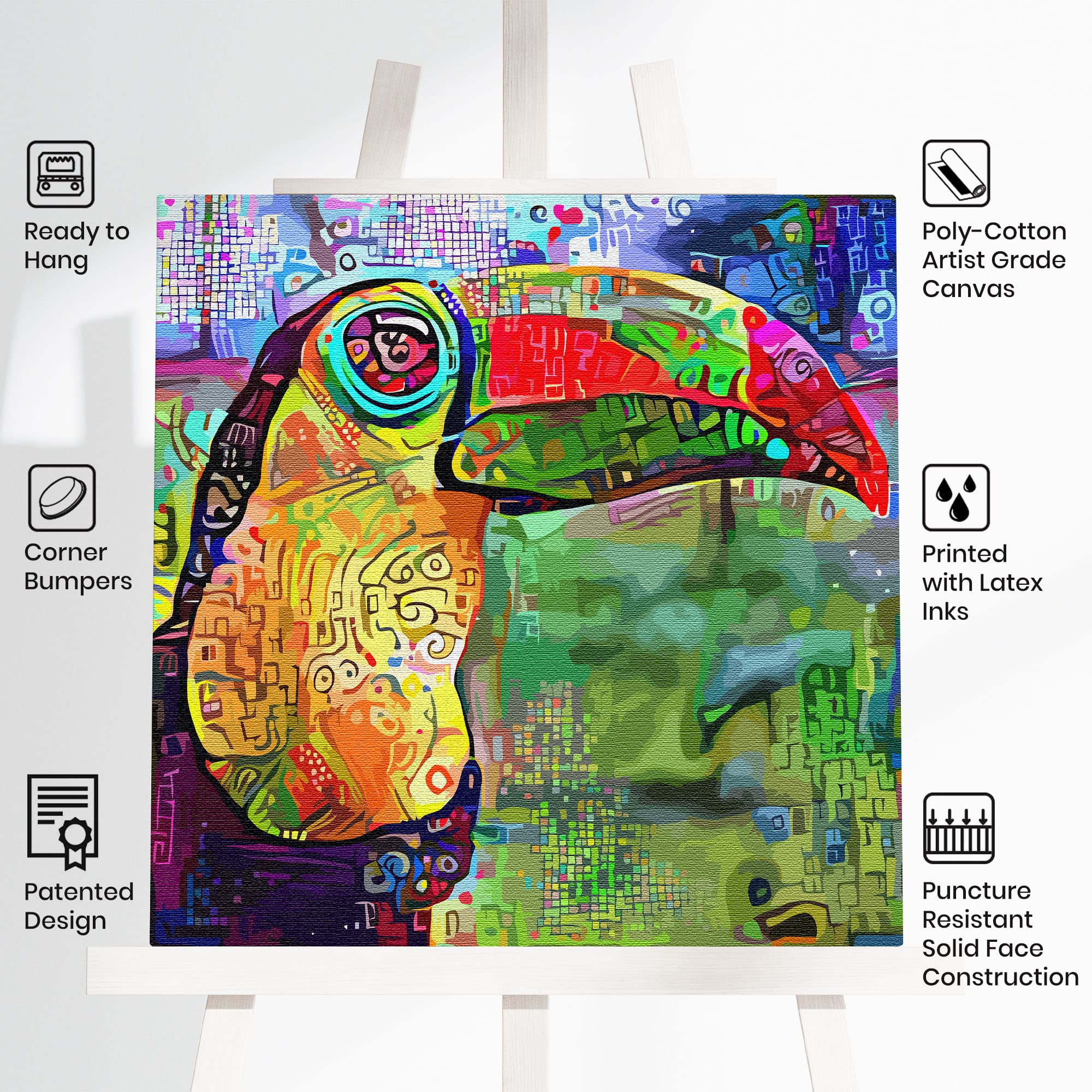 Colorful abstract toucan with intricate geometric patterns on vibrant multicolor background printed on square canvas