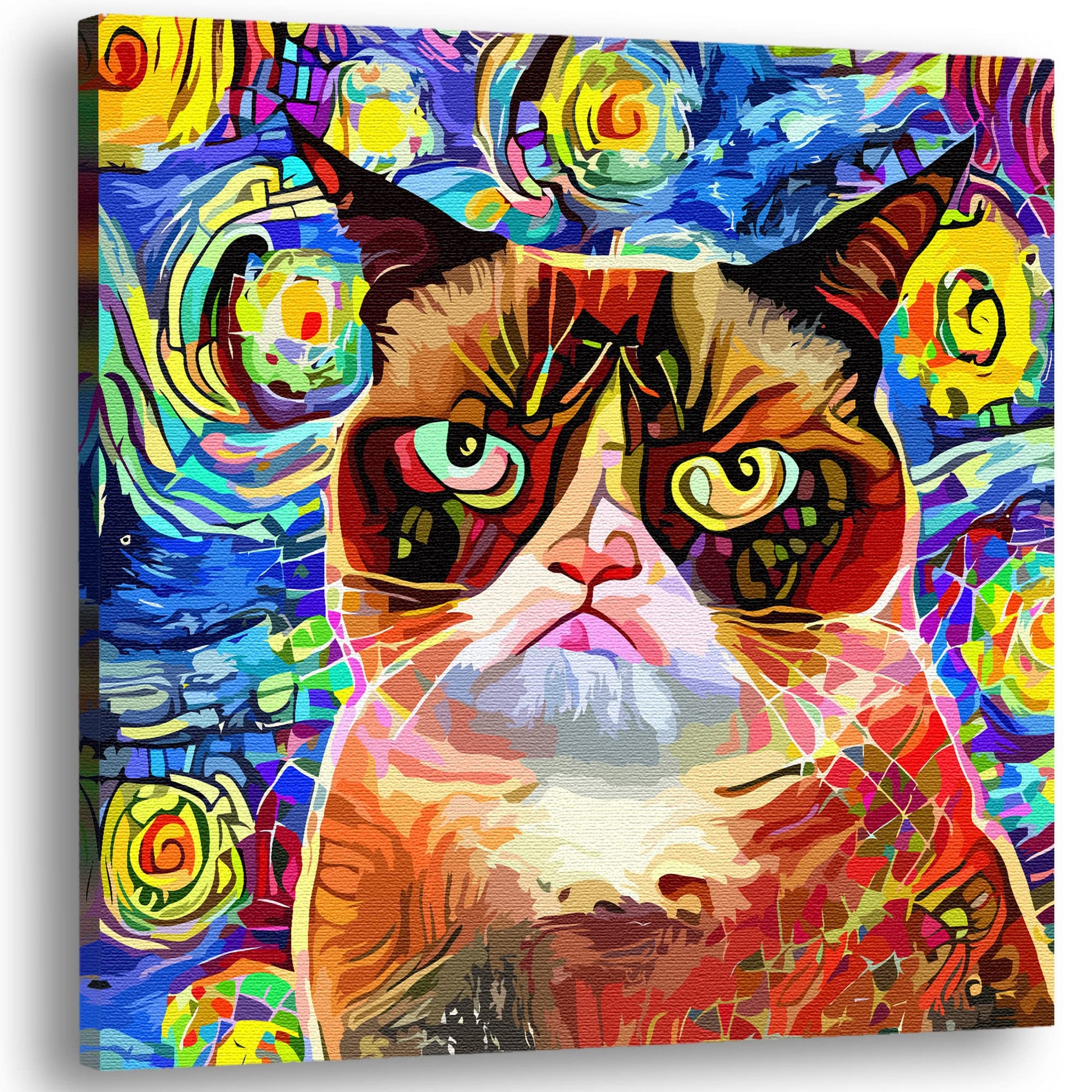 Abstract cat wall art featuring a grumpy cat with vibrant multi-colored tones against a swirling blue and yellow starry abstract background