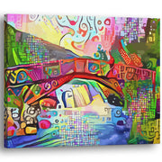 Colorful abstract bridge landscape artwork with vibrant reds, greens, blues, and yellows in swirling and mosaic patterns