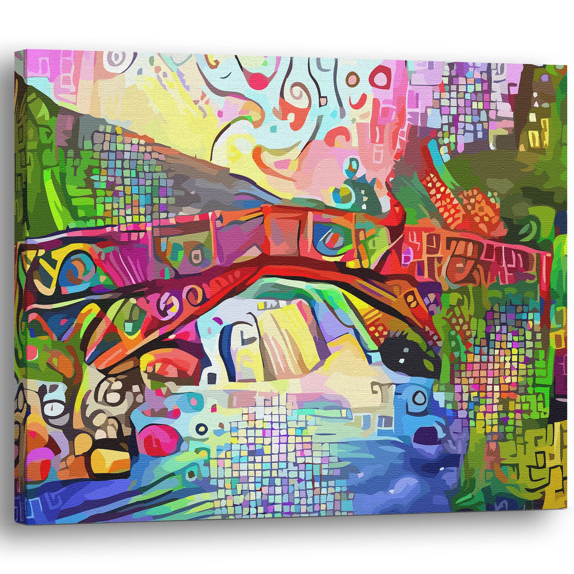 Colorful abstract bridge landscape artwork with vibrant reds, greens, blues, and yellows in swirling and mosaic patterns