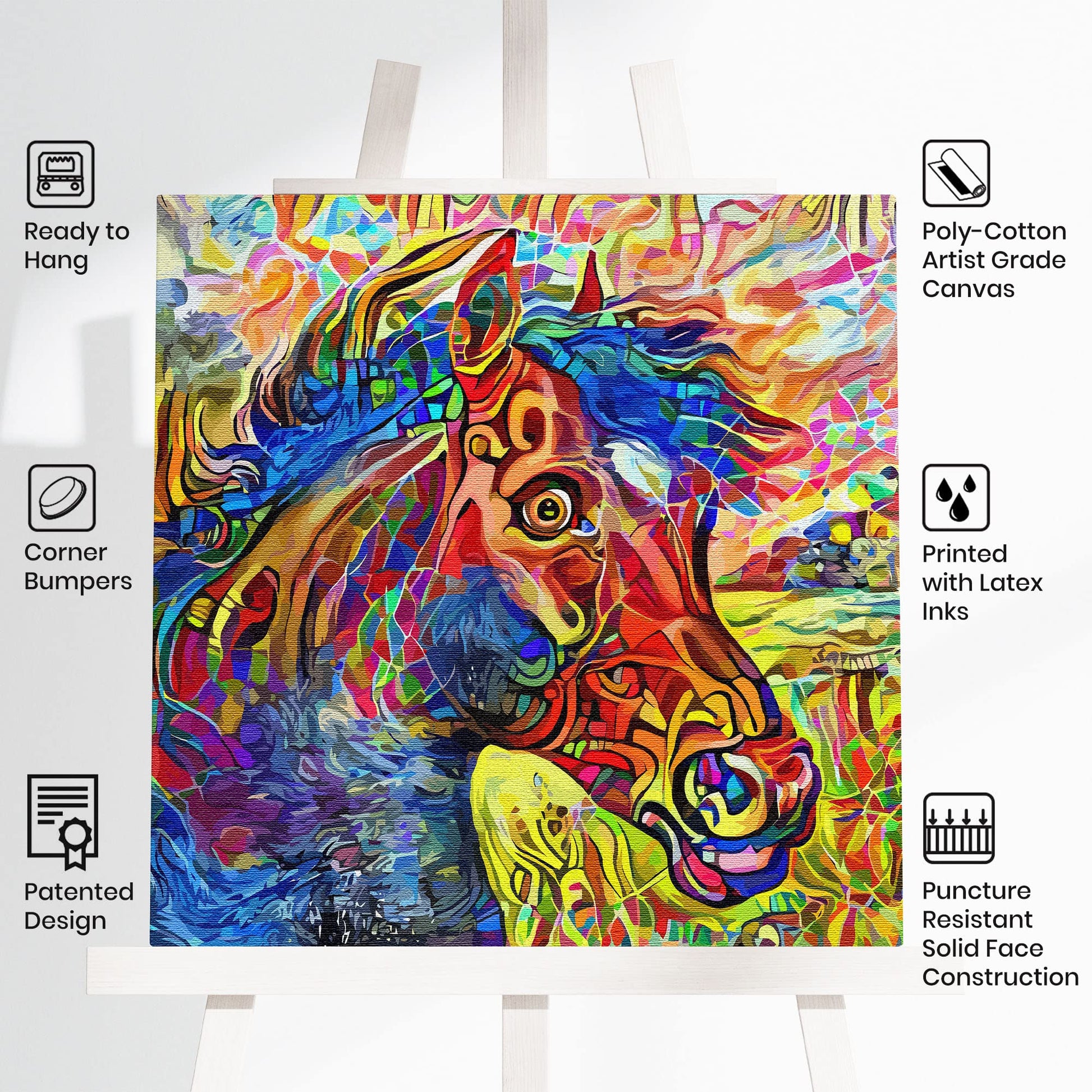 Colorful abstract horse art painting on poly-cotton canvas with vibrant patterns in a modern minimalist setting