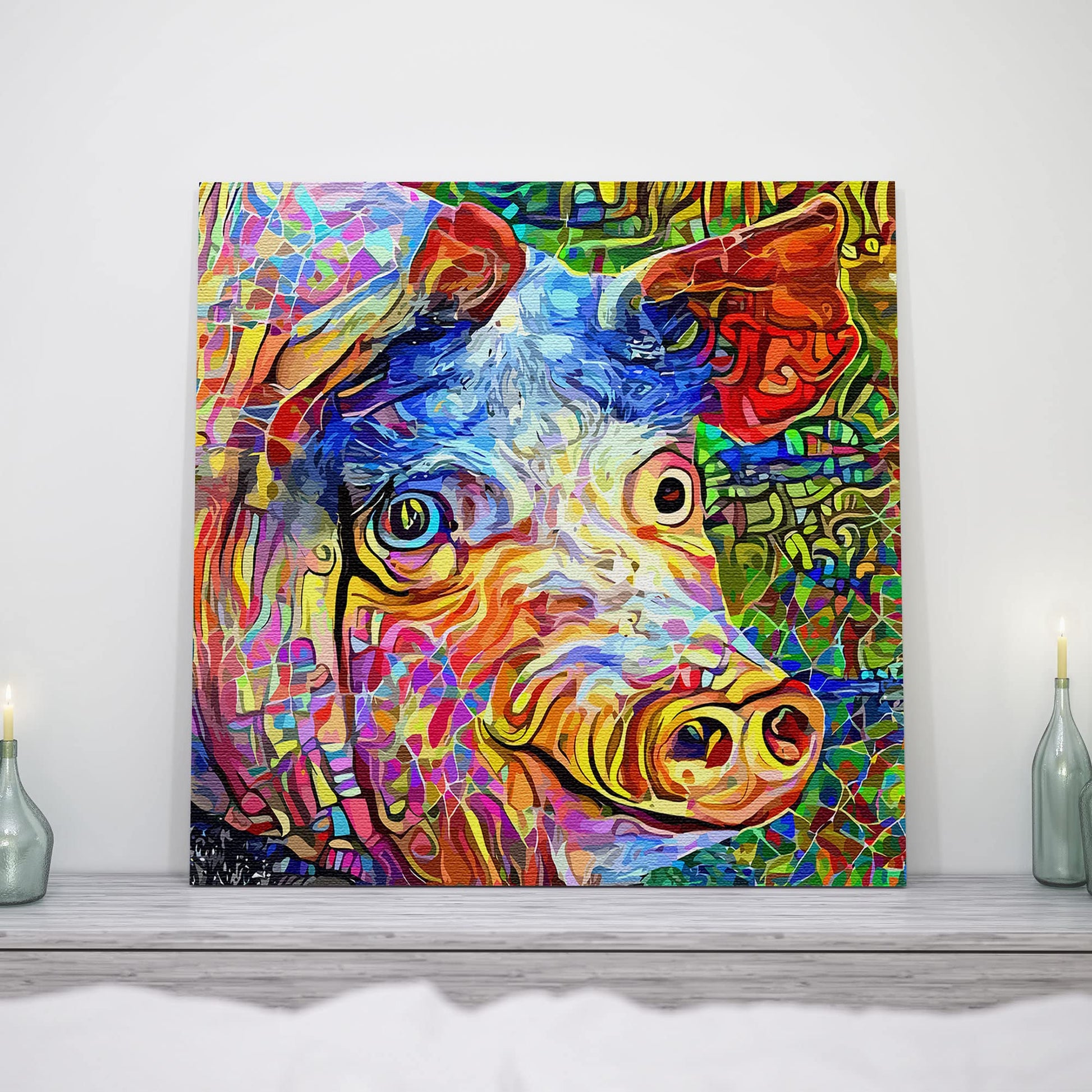 Funny abstract pig with vibrant colorful geometric and swirling digital patterns on square canvas wall art above modern mantel