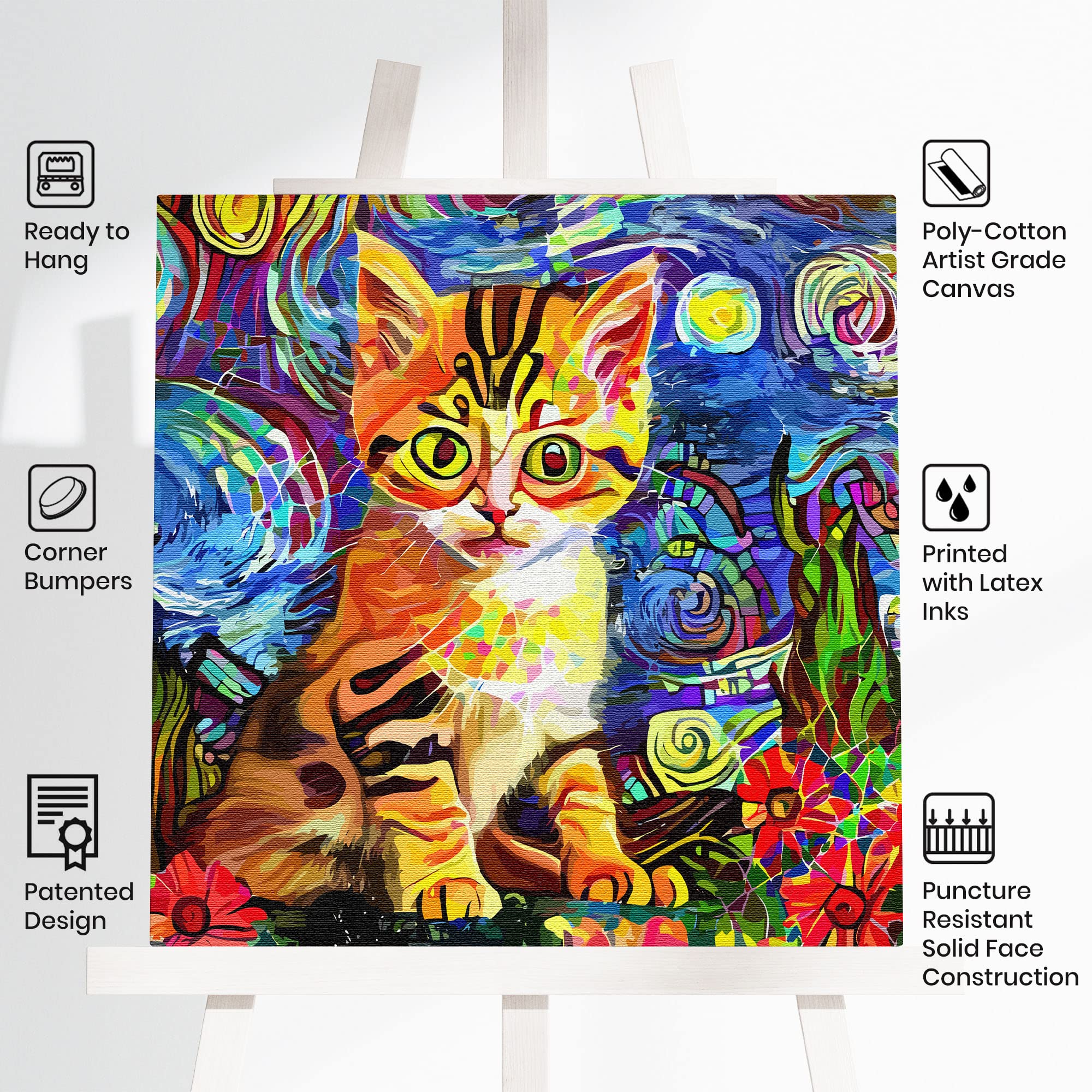 Bright colorful kitten wall art with orange and brown stripes surrounded by swirling vibrant blue, green, and yellow abstract background