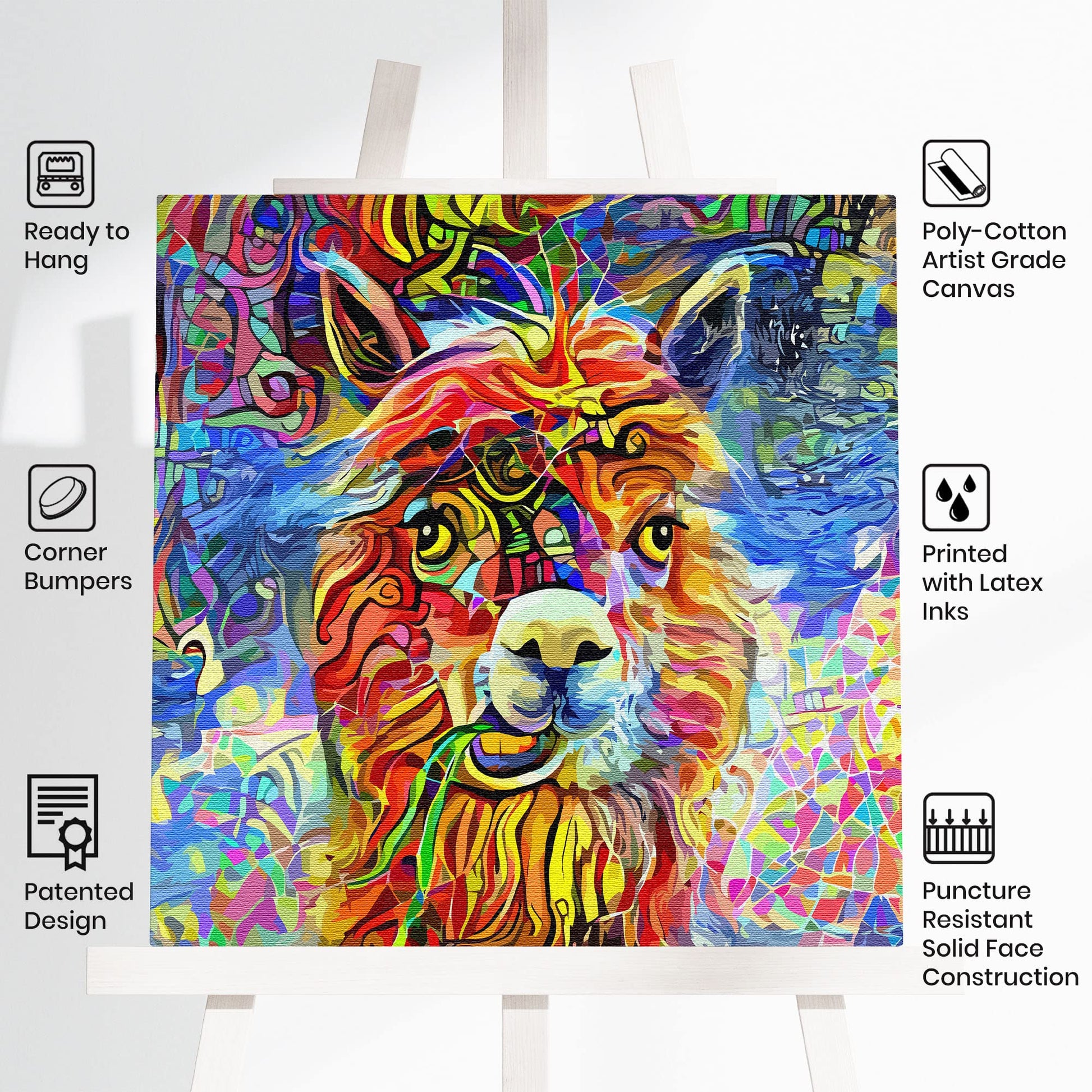 Colorful geometric alpaca canvas artwork with vibrant reds, blues, greens, yellows, and purples in abstract mosaic patterns