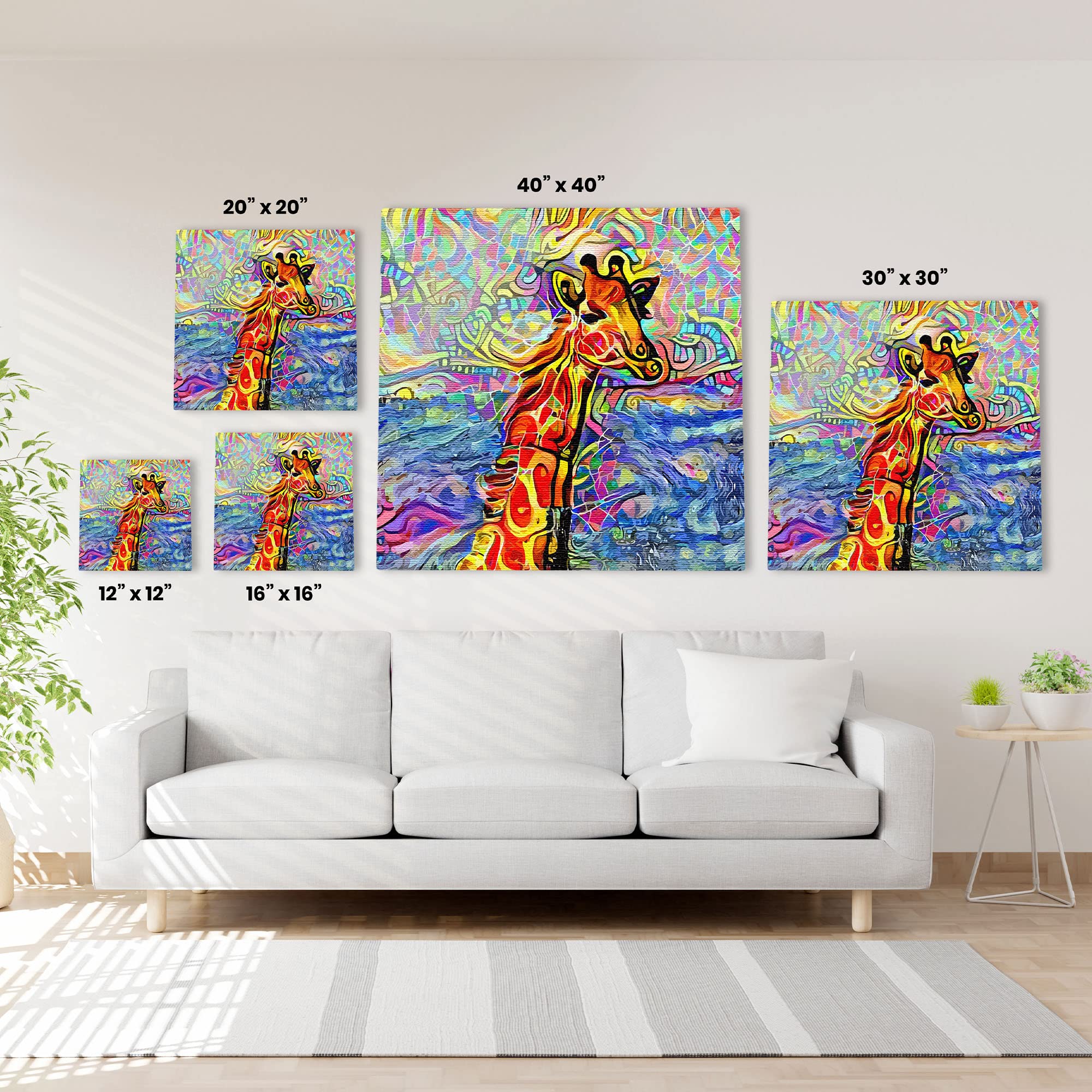 Abstract giraffe canvas wall art with vibrant swirling colorful geometric patterns in modern minimalist living room decor setting