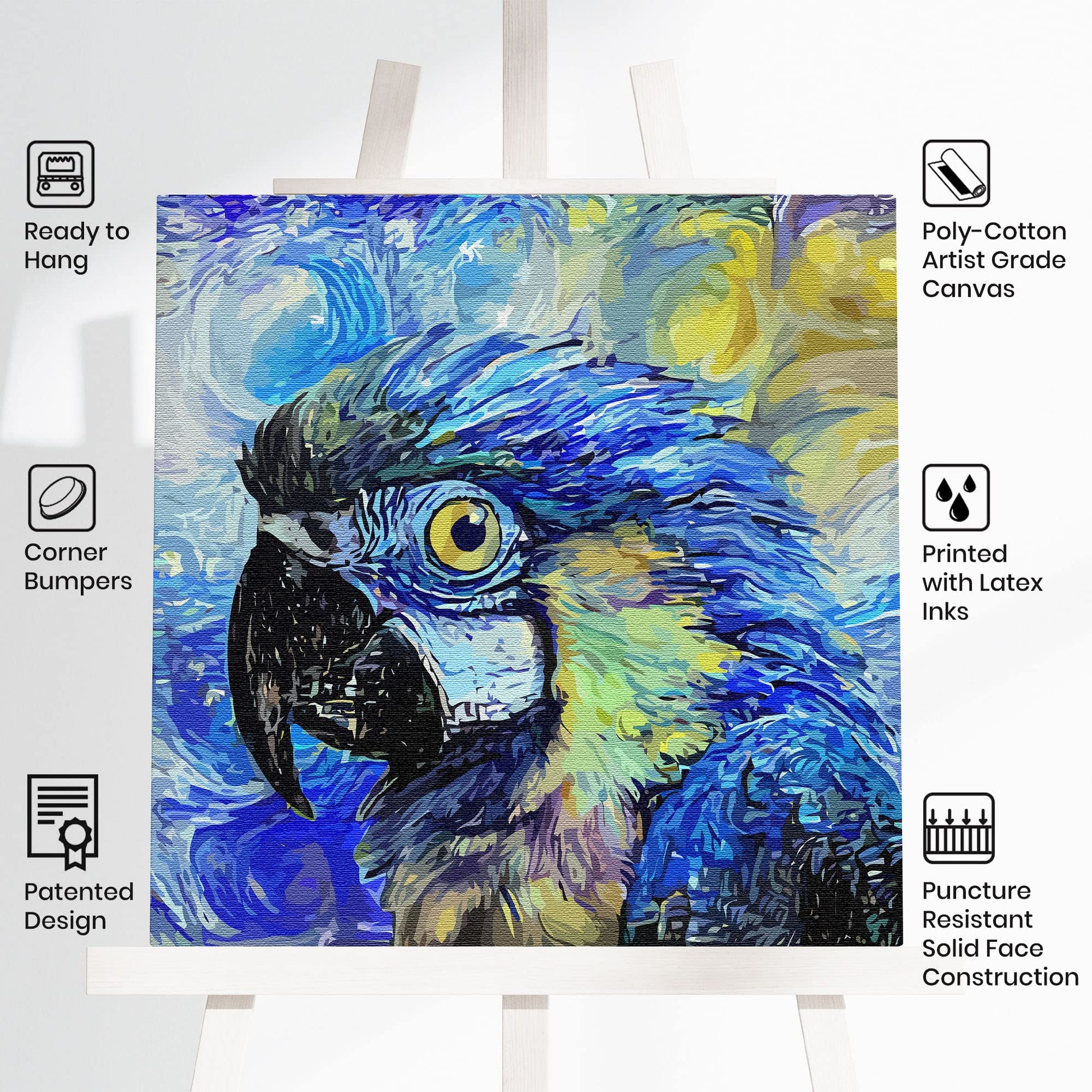 Blue macaw parrot with textured swirling brush strokes on square canvas art painting on wooden easel