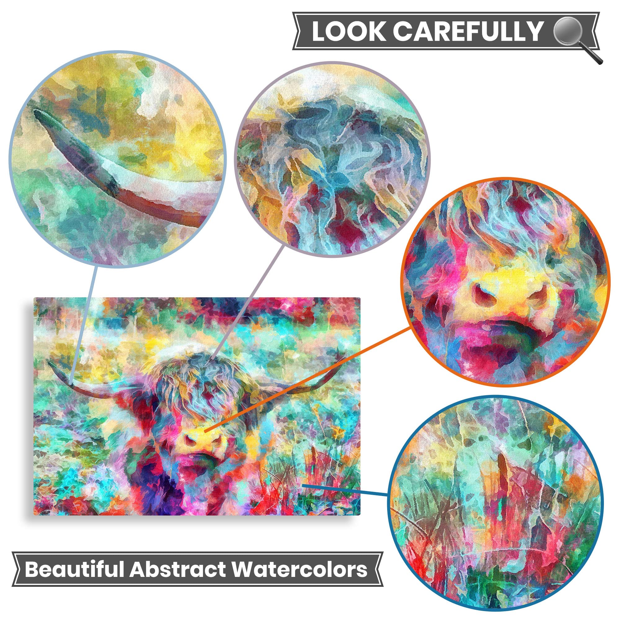 Abstract colorful Highland cow watercolor artwork with vibrant yellows, blues, reds, and greens in fluid painterly style