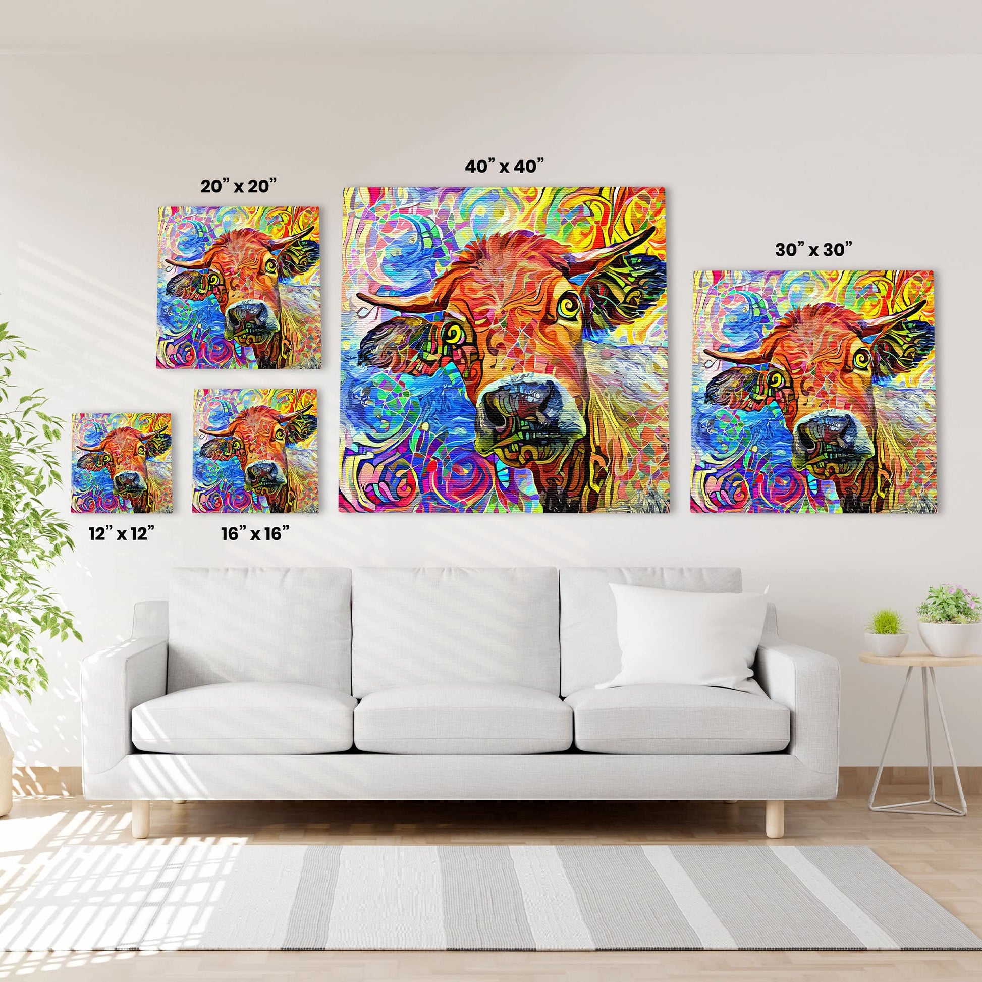 Colorful abstract cow painting with vivid swirling patterns on multiple canvas sizes displayed above white sofa in living room
