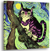 Colorful Cheshire cat wall art with bright purple stripes perched on twisted tree branch under swirling vibrant blue and green night sky