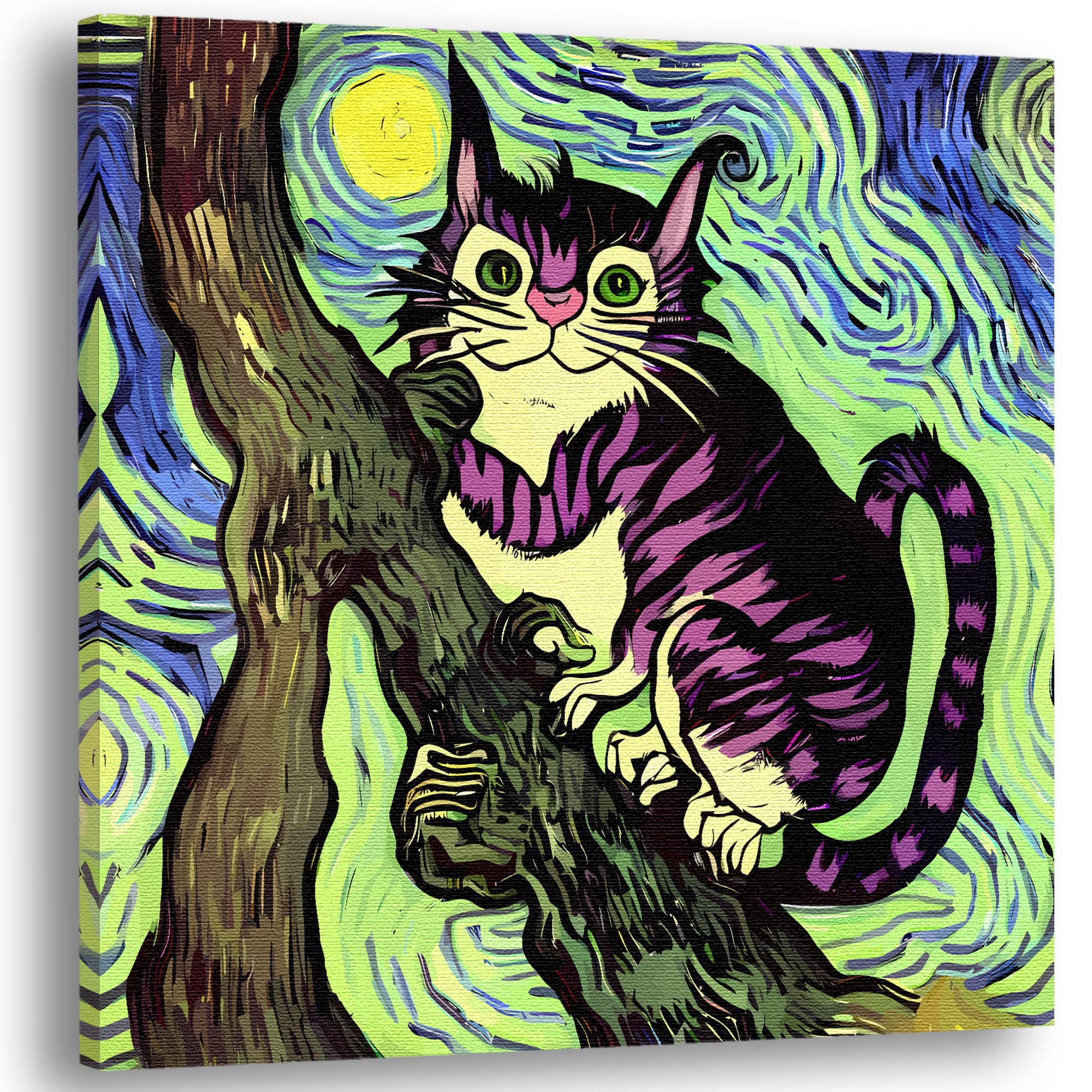 Colorful Cheshire cat wall art with bright purple stripes perched on twisted tree branch under swirling vibrant blue and green night sky