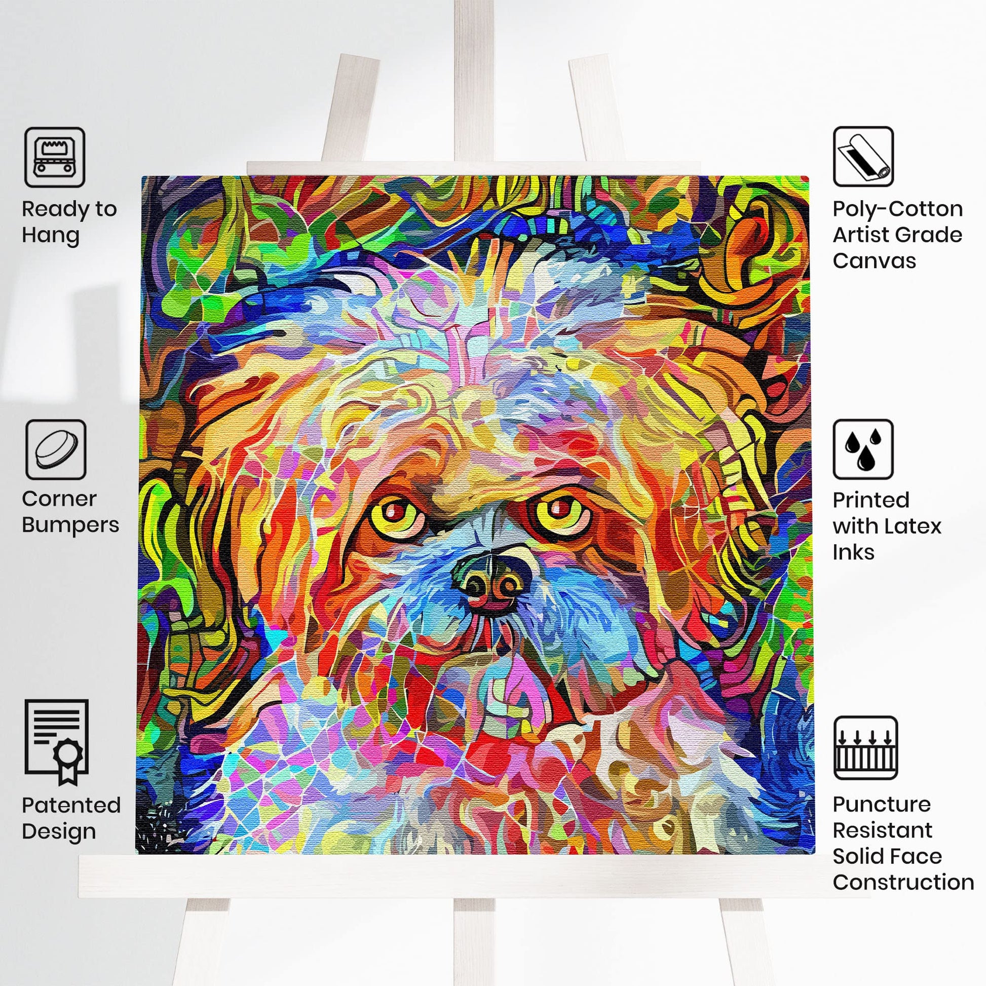Colorful abstract Shih Tzu dog art with vibrant multicolor geometric and mosaic patterns on square canvas in bright vivid detail