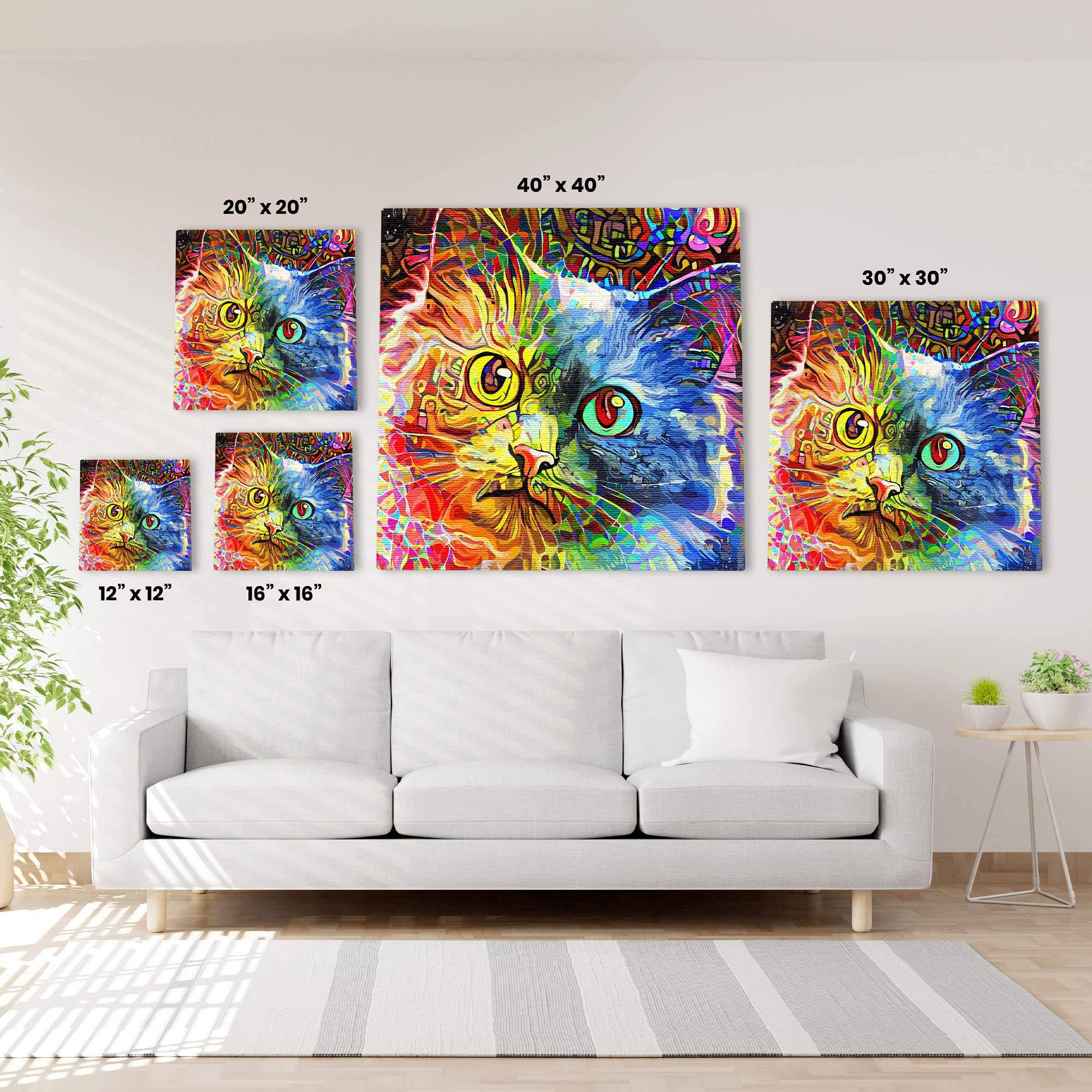 Abstract colorful cat canvas wall art with vibrant blues, reds, yellows, and greens in dynamic fluid painterly style over white wall above sofa