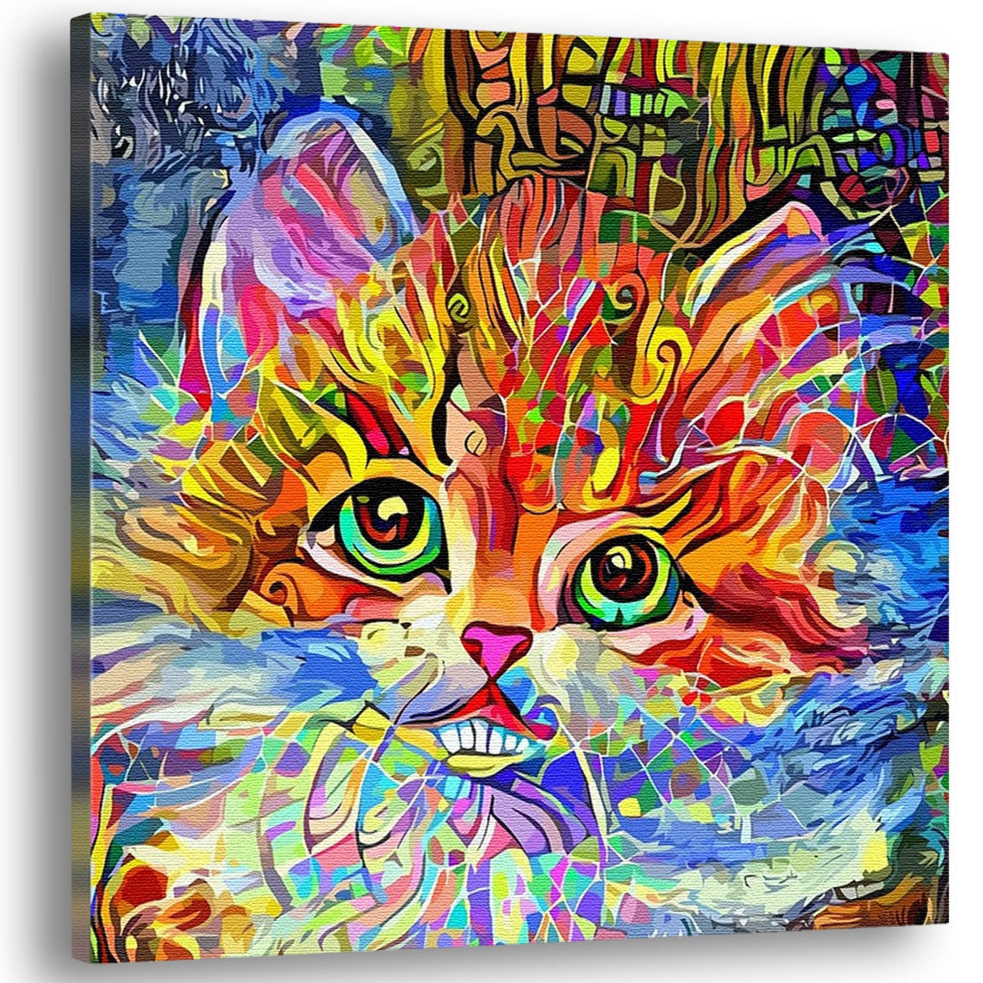 Vibrant colorful cat wall art with detailed abstract patterns and large expressive green eyes on square canvas angled view
