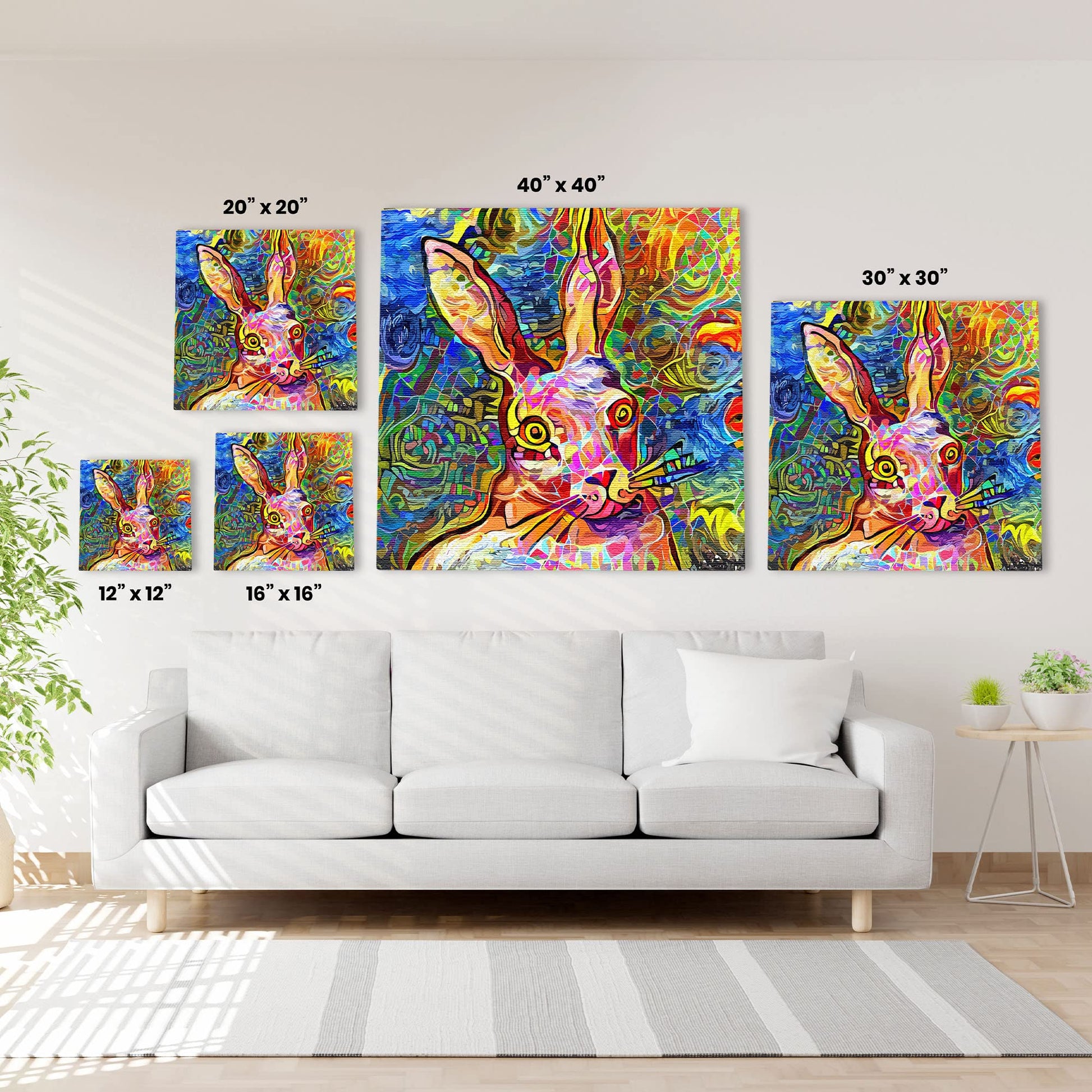 Abstract colorful bunny rabbit with vibrant geometric and swirling digital patterns on multi-size square canvas wall art above white sofa