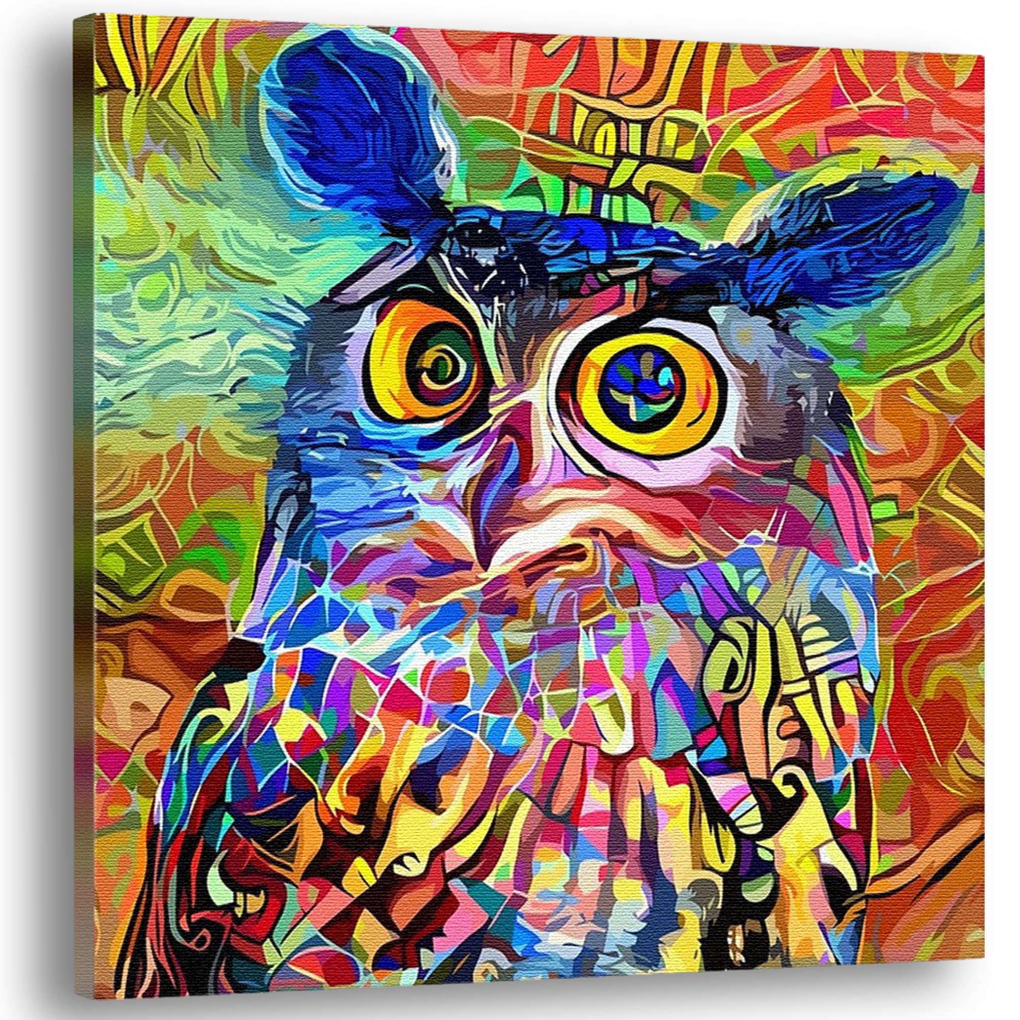Colorful geometric mosaic owl with vibrant abstract patterns on square canvas artwork with warm multicolor background