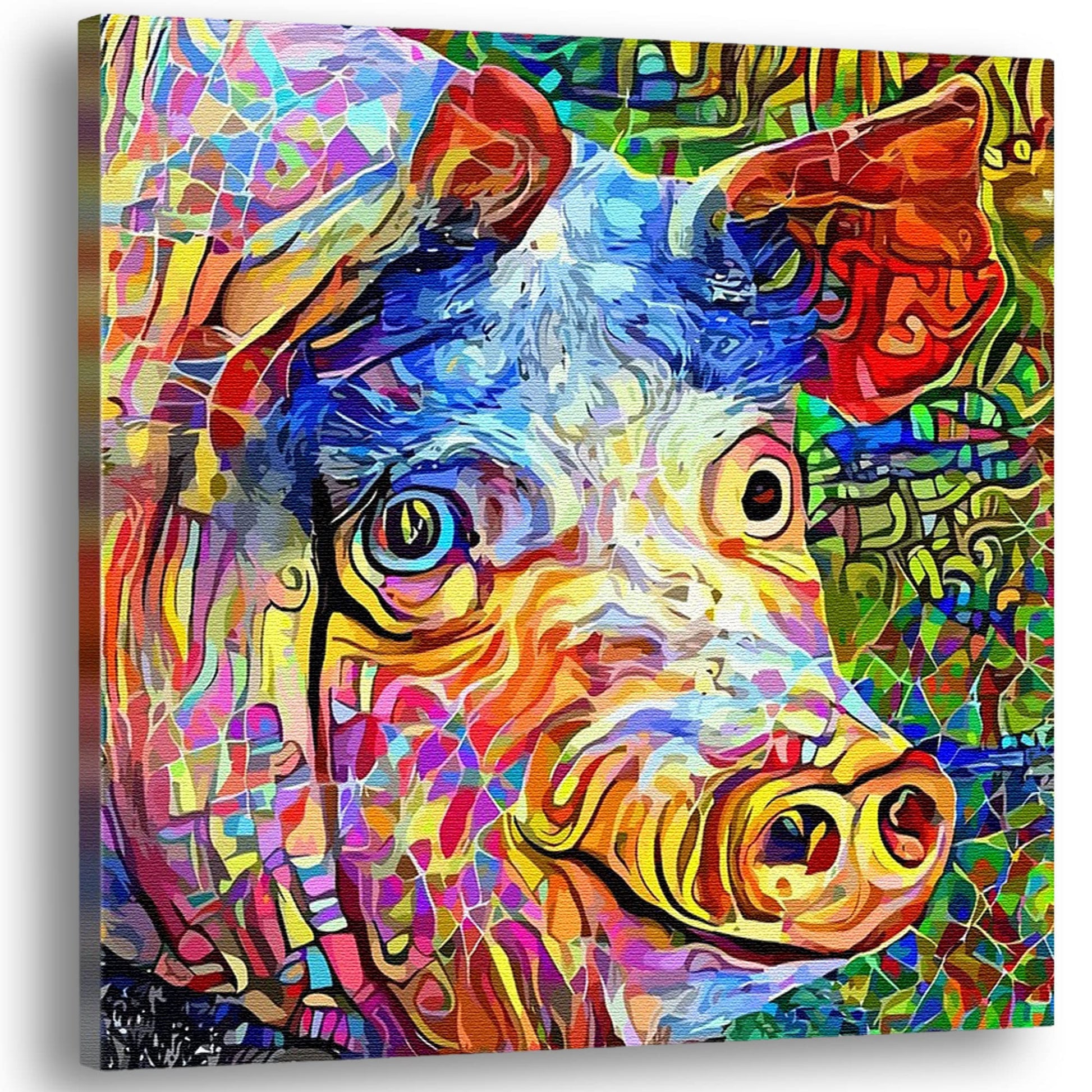 Funny abstract pig with vibrant colorful geometric and swirling digital patterns on square canvas wall art