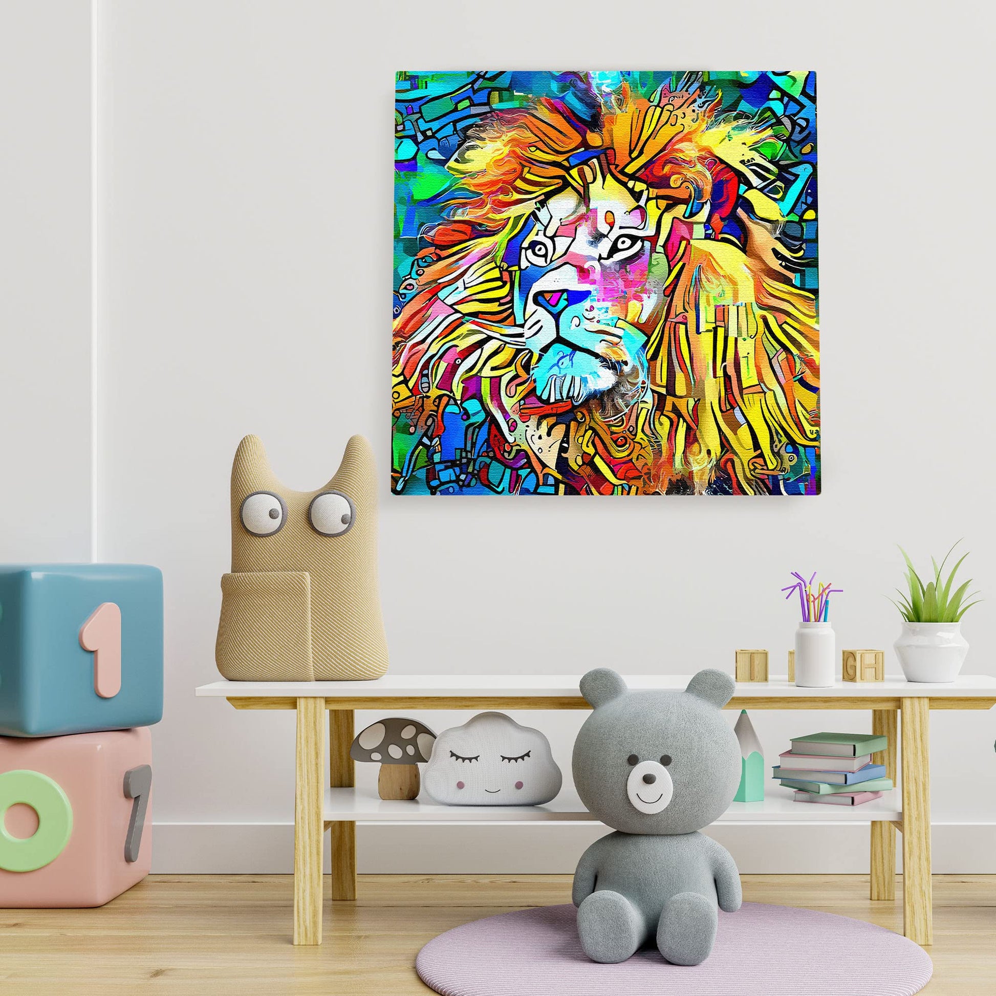 Colorful vibrant majestic king of the jungle lion artwork on square canvas displayed on white wall in playful children's room